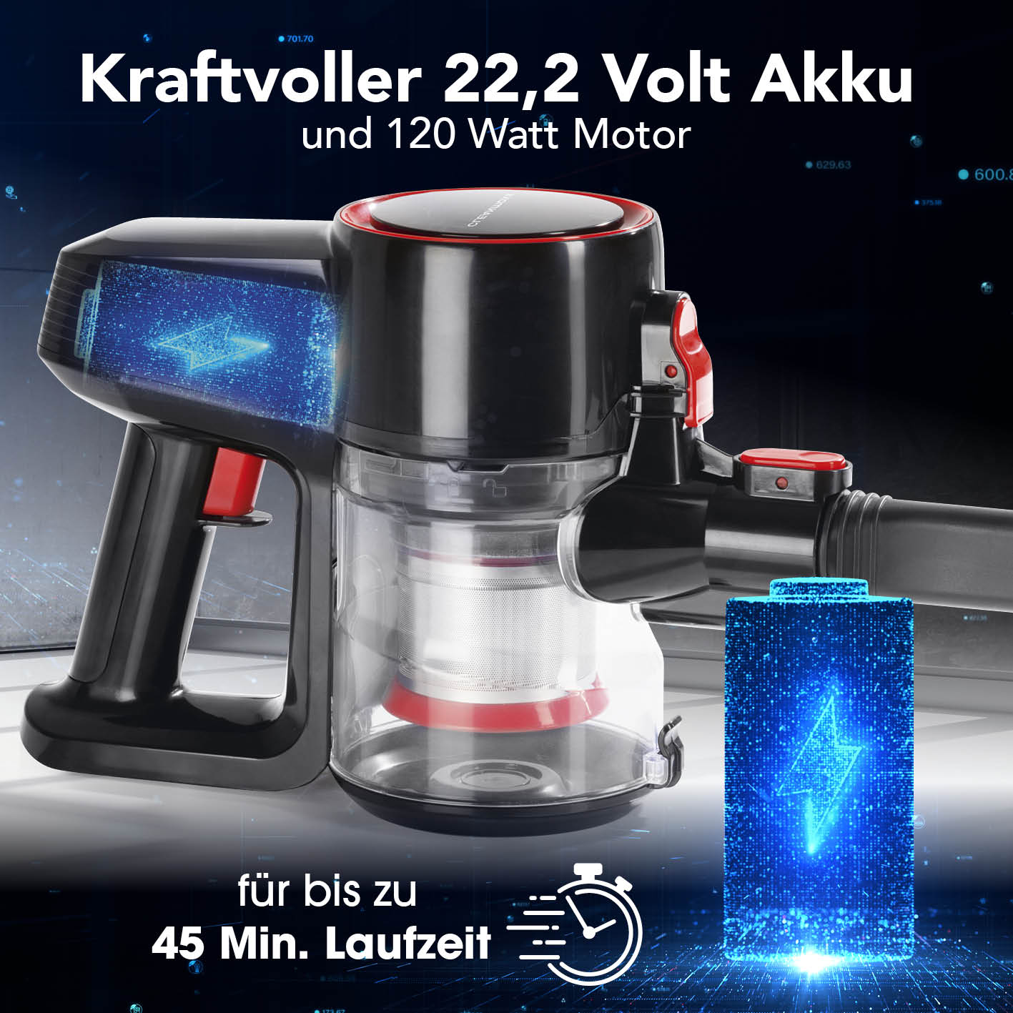 Akku-Zyklon-Staubsauger mit elektr. Bodendüse, 22,2 V Akku, bis zu 45 Min. Laufzeit, kabellos, beutellos, leistungsstark.