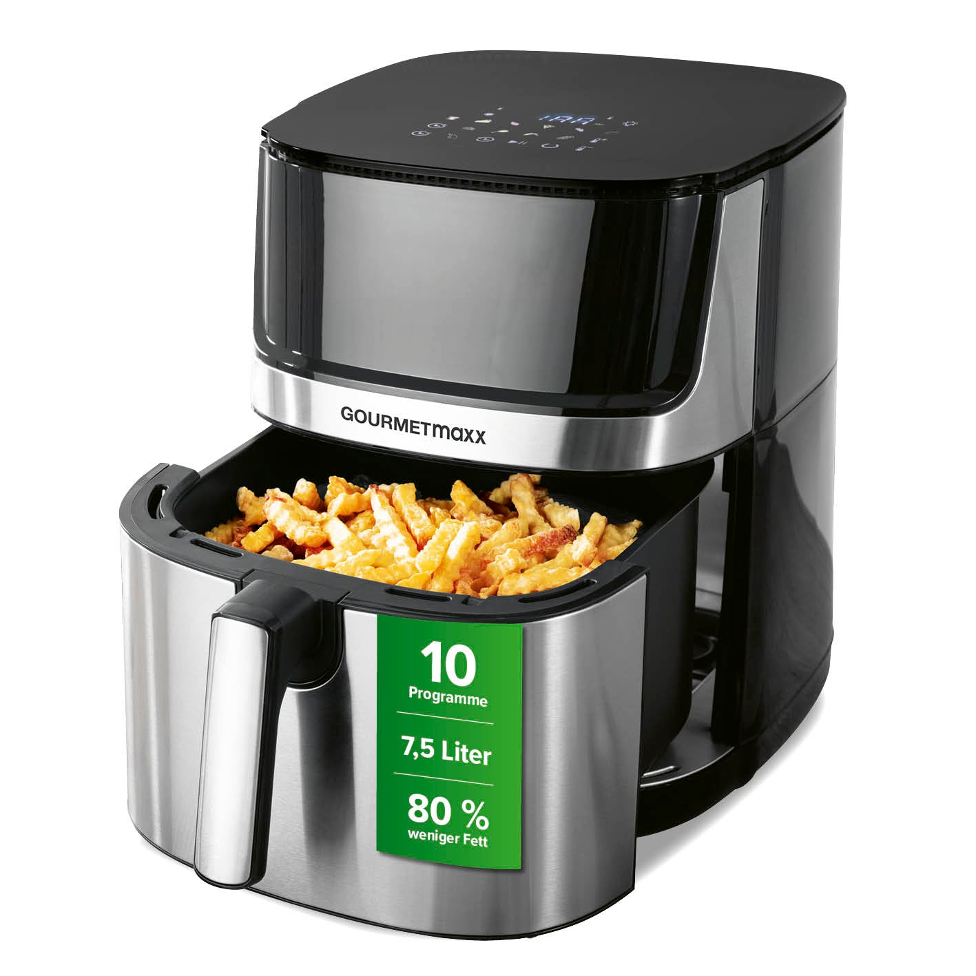 Heißluftfritteuse - 7,5 l mit 10 Programmen, 7,5 Liter Fassungsvermögen und fettarmem Garen für knusprige Snacks.