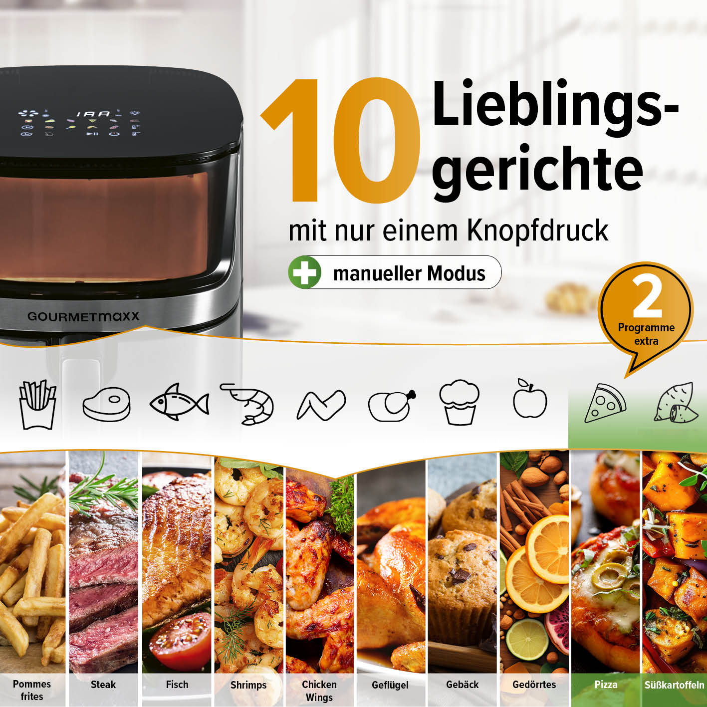 Heißluftfritteuse - 7,5 l mit 10 Programmen für Pommes, Steak, Fisch, Chicken Wings, Pizza & mehr bei nur einem Knopfdruck.
