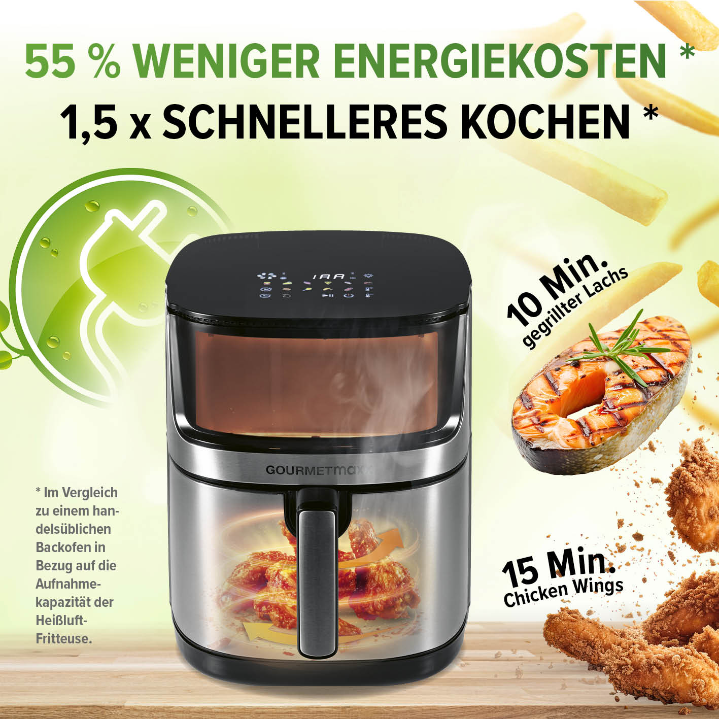 Heißluftfritteuse - 7,5 l mit 2200 W, 360° Luftzirkulation, schnellerer Garzeit und energiesparender Technologie.