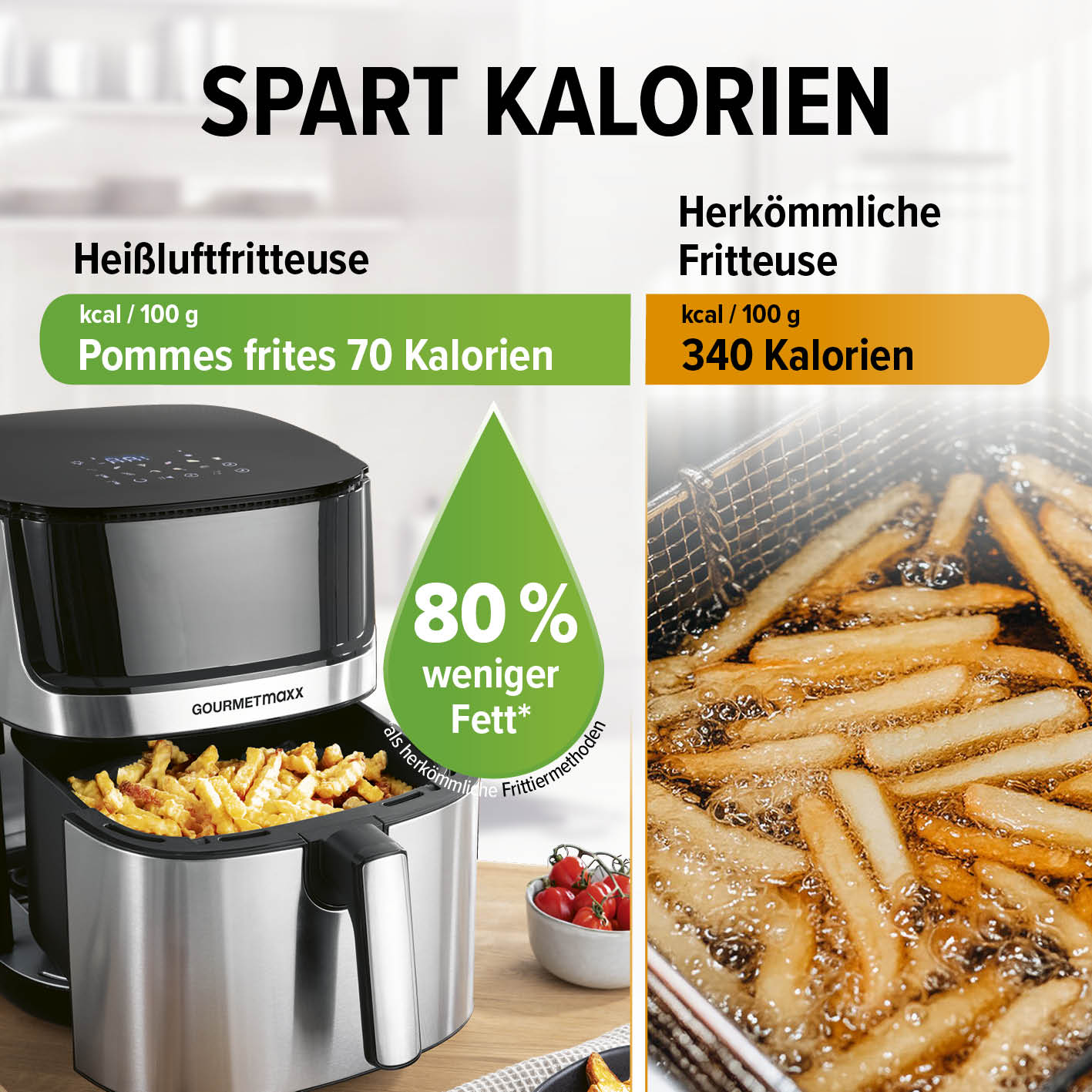 Heißluftfritteuse - 7,5 l mit 80% weniger Fett beim Frittieren von Pommes gegenüber herkömmlicher Fritteuse.