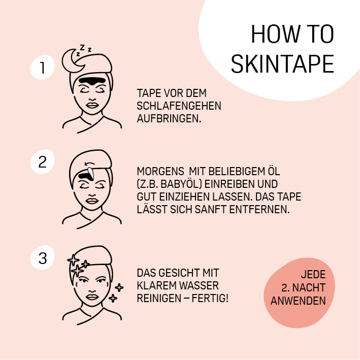 Hyaluron-Skintape "Forehead Tape" Anleitung zum Auftragen vor dem Schlafen für glatte Stirnfalten und entspannte Haut am Morgen.