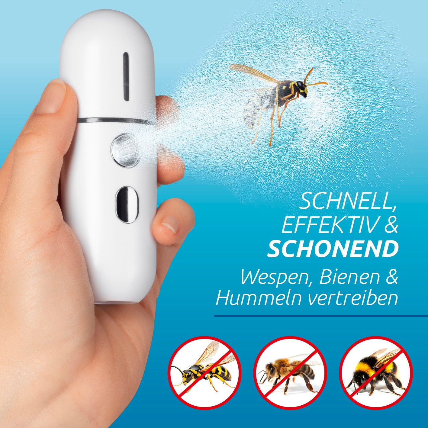 Wespenabwehr-Sprüher sprüht schonend Wassernebel zur schnellen Vertreibung von Wespen, Bienen und Hummeln mit Akku und USB-Ladung.