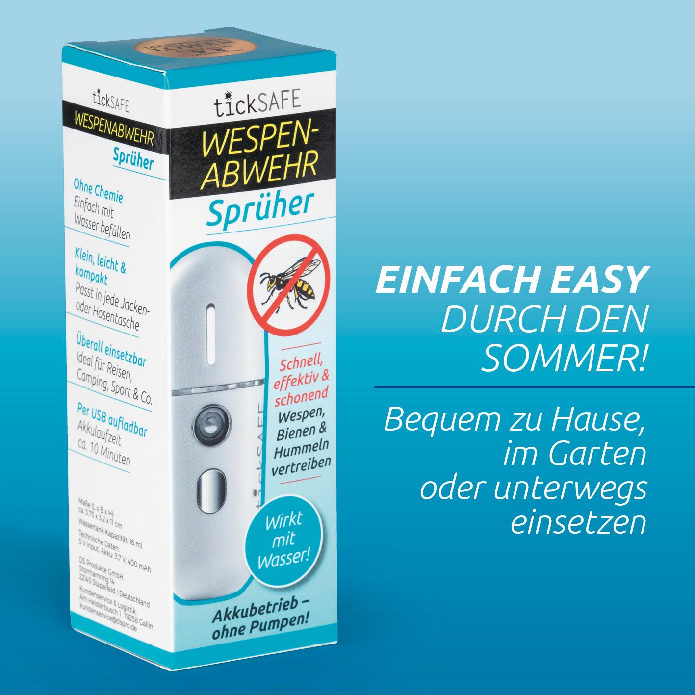 Wespenabwehr-Sprüher mit Akku, kompakt, erzeugt Wasserdampf zum schonenden Vertreiben von Wespen, Bienen und Hummeln.