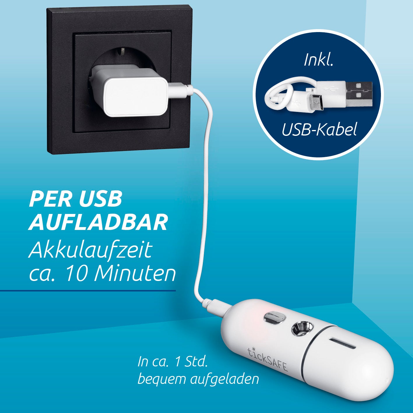 Wespenabwehr-Sprüher mit USB-Ladefunktion, Akku hält 10 Minuten, kompakt und einfach aufladbar in ca. 1 Stunde.