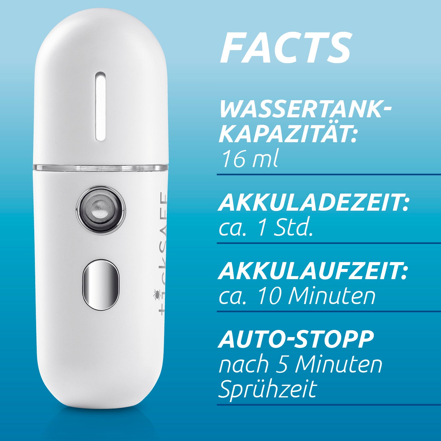 Wespenabwehr-Sprüher mit 16ml Tank, 1 Stunde Ladezeit und 10 Minuten Akkulaufzeit, automatisch stoppend nach 5 Minuten Sprühzeit.