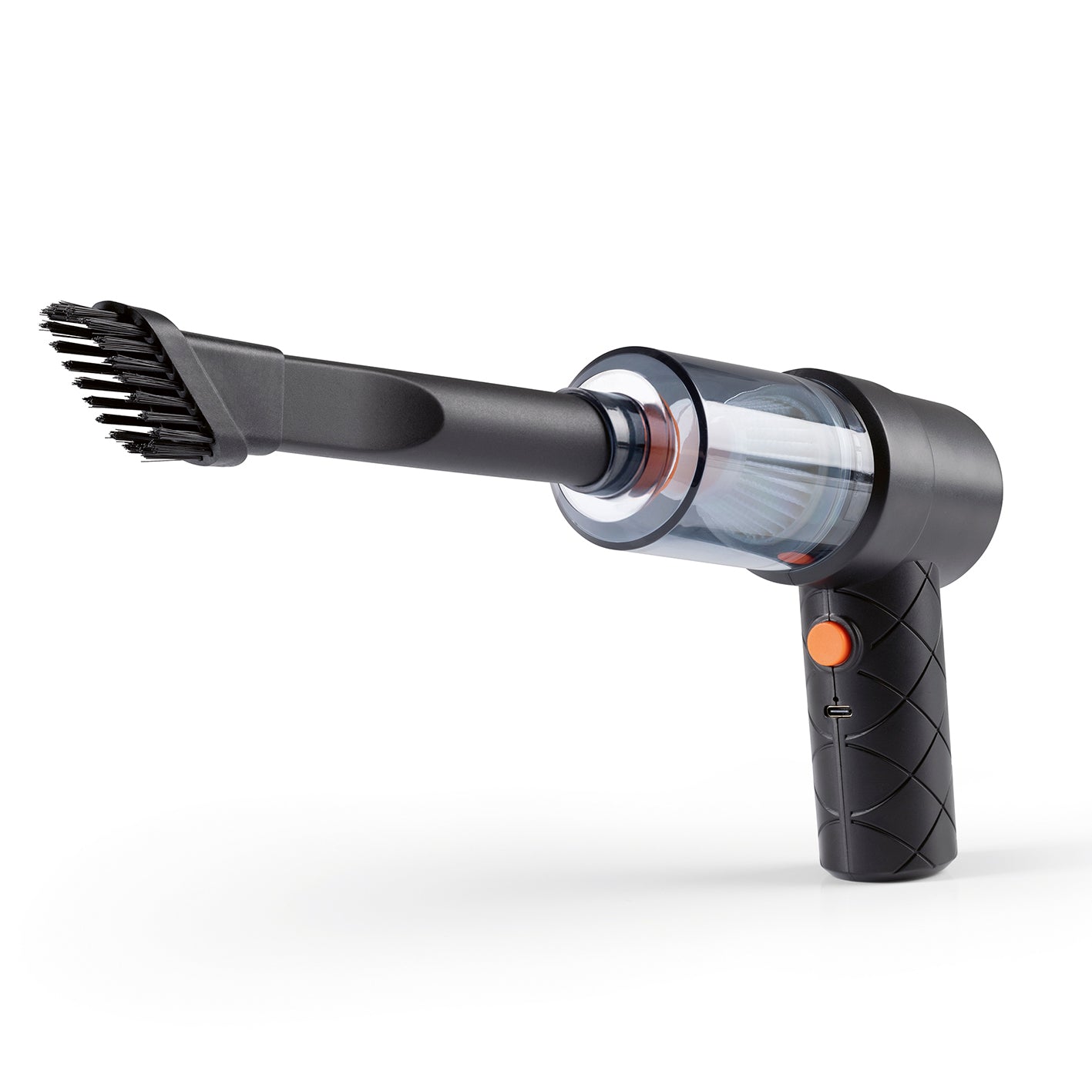 2in1-Akkusauger mit Saug- und Gebläsefunktion, ergonomischem Griff, transparentem Staubbehälter und langem Bürstenaufsatz.