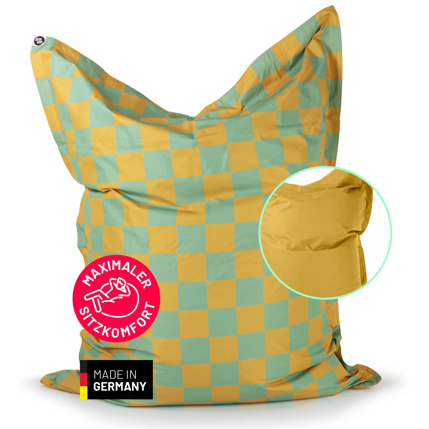 XXL-Sitzsack Karo - Pastellgrün/Senfgelb mit trendigem Karomuster, wetterfest und extra groß für drinnen und draußen.
