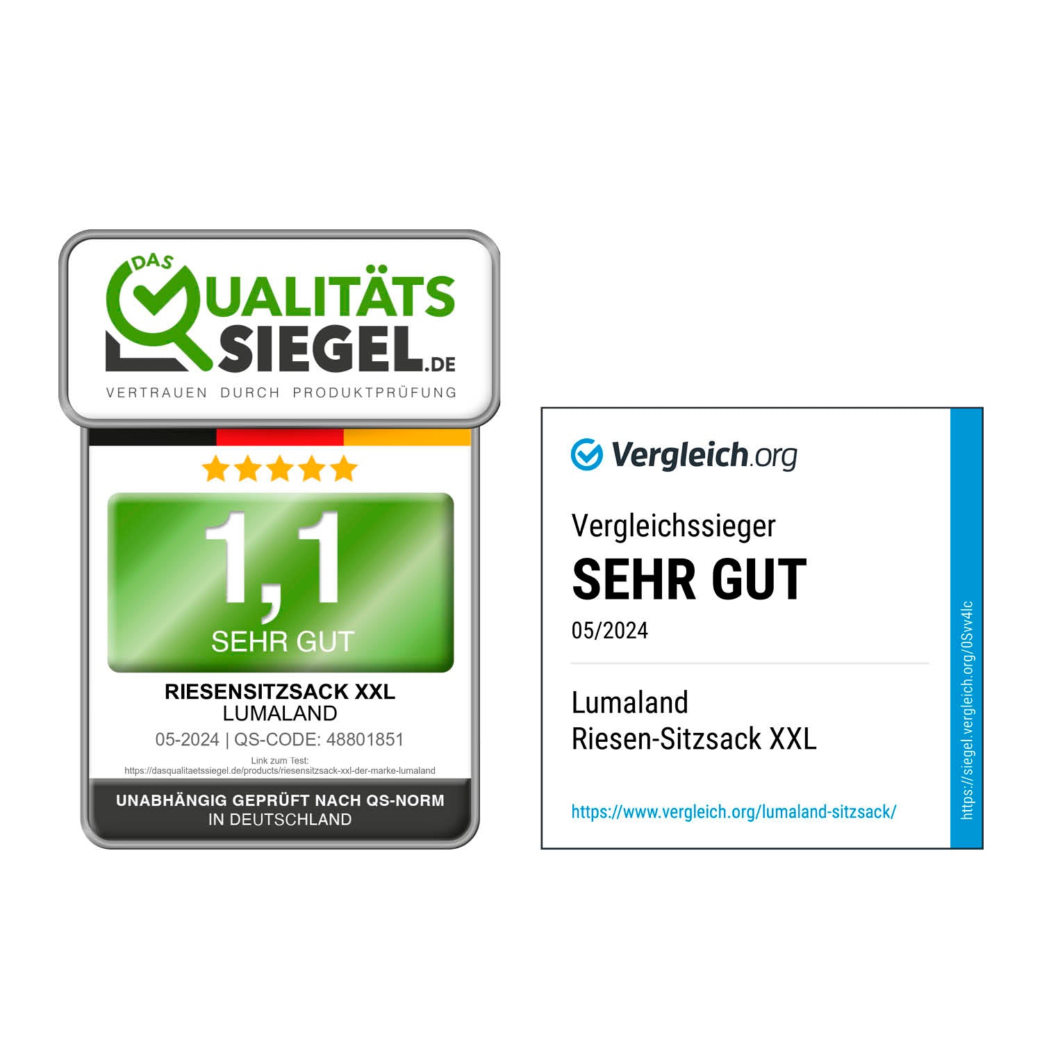 Zertifizierte Qualität für XXL-Sitzsack Karo - Pastellgrün/Senfgelb mit sehr gutem Testergebnis Mai 2024 von Lumaland.