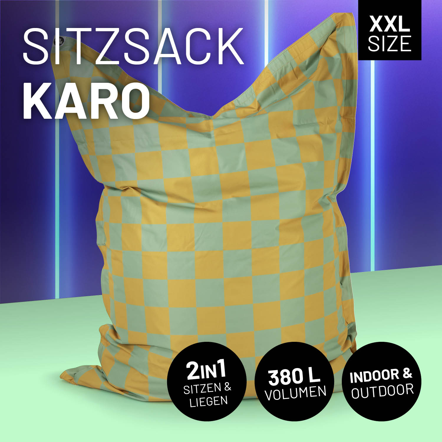 XXL-Sitzsack Karo - Pastellgrün/Senfgelb mit trendigem Karomuster, groß und bequem für drinnen und draußen, robust und wetterfest.