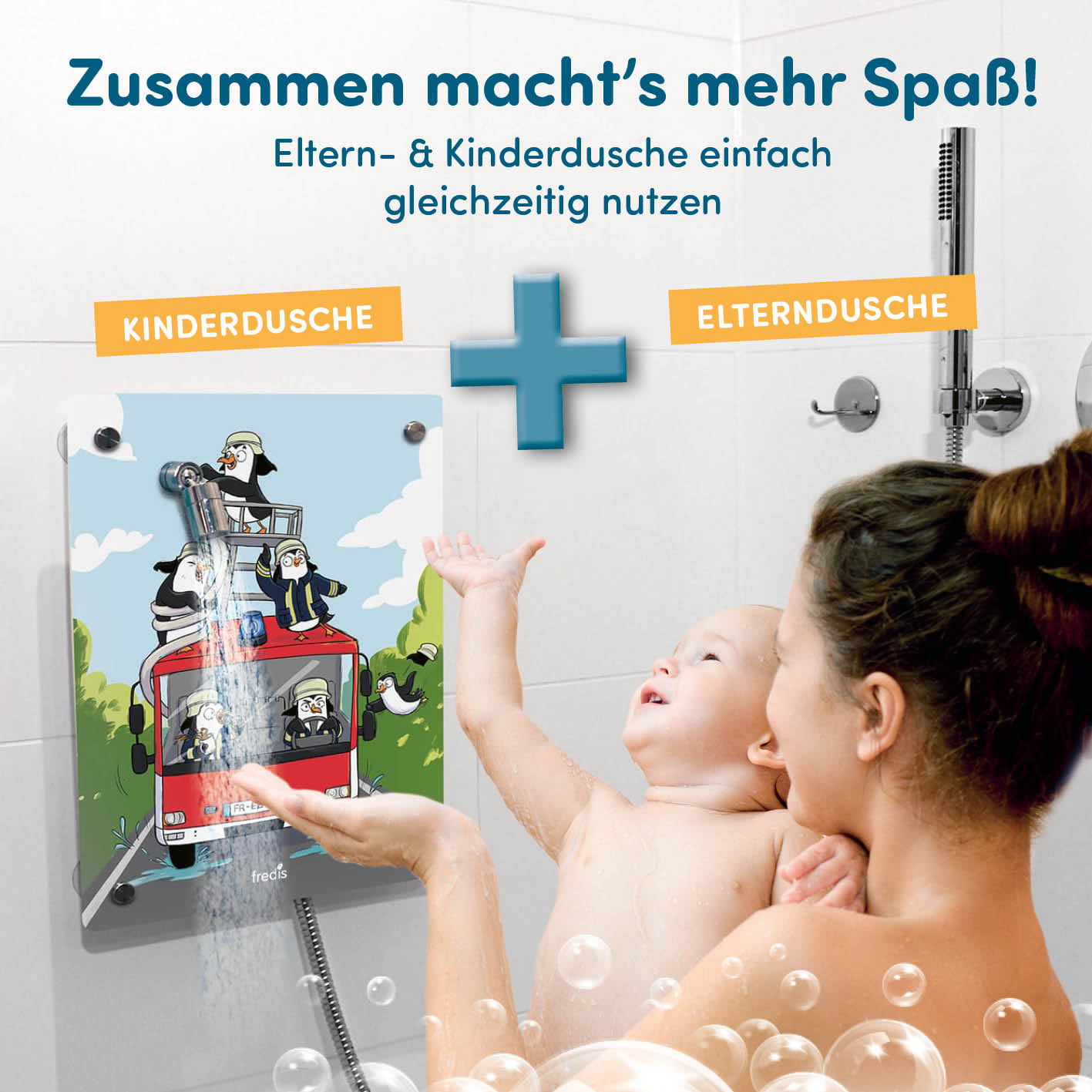 Kinderdusche Feuerwehr mit Saugnäpfen, Motiv-Platte und umschaltbarem Ventil für kinderfreundliches Duschen mit Eltern-Dusche.