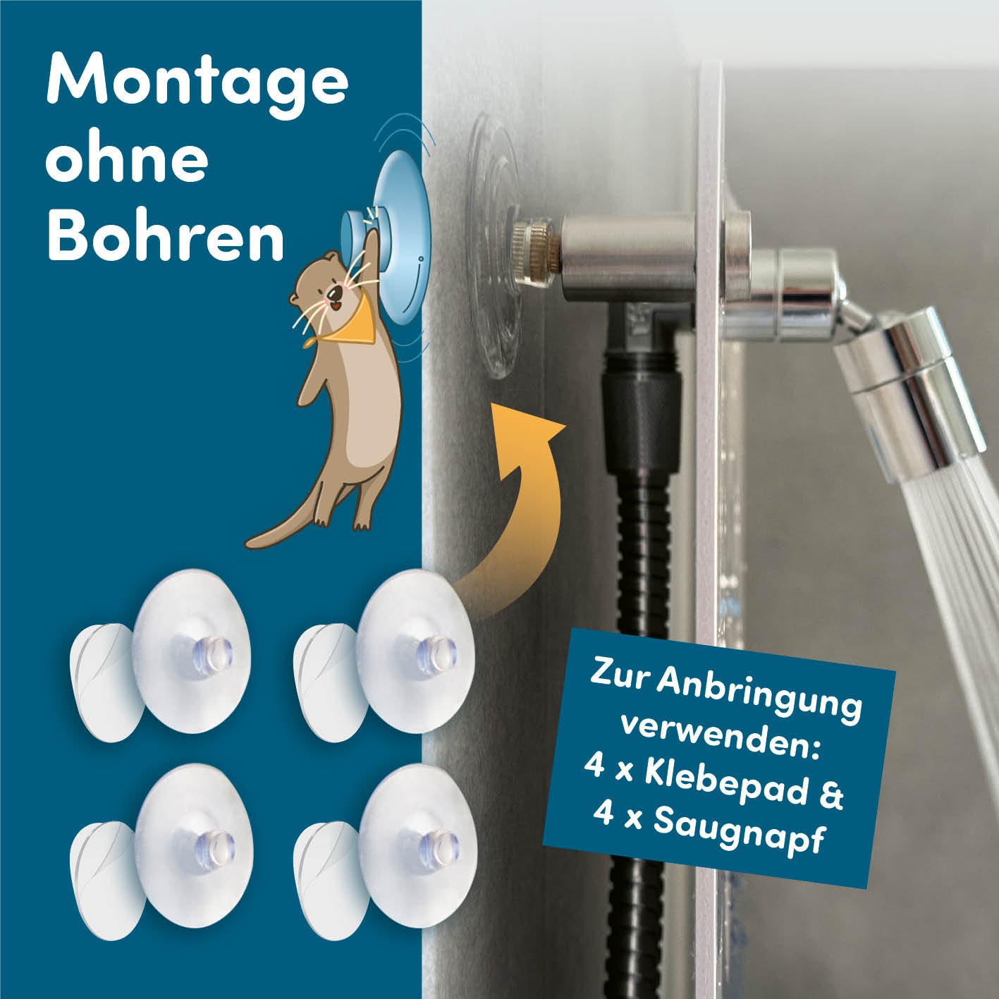 Kinderdusche Feuerwehr mit Montage ohne Bohren dank 4 Klebepads und 4 Saugnäpfen für einfache Befestigung.