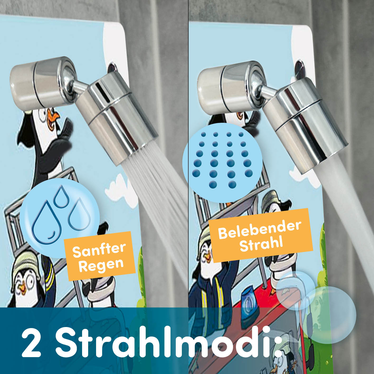 Kinderdusche Feuerwehr mit 2 Strahlmodi, einfach zu installieren, kinderfreundlich, fördert selbstständiges Duschen ohne Bohren.