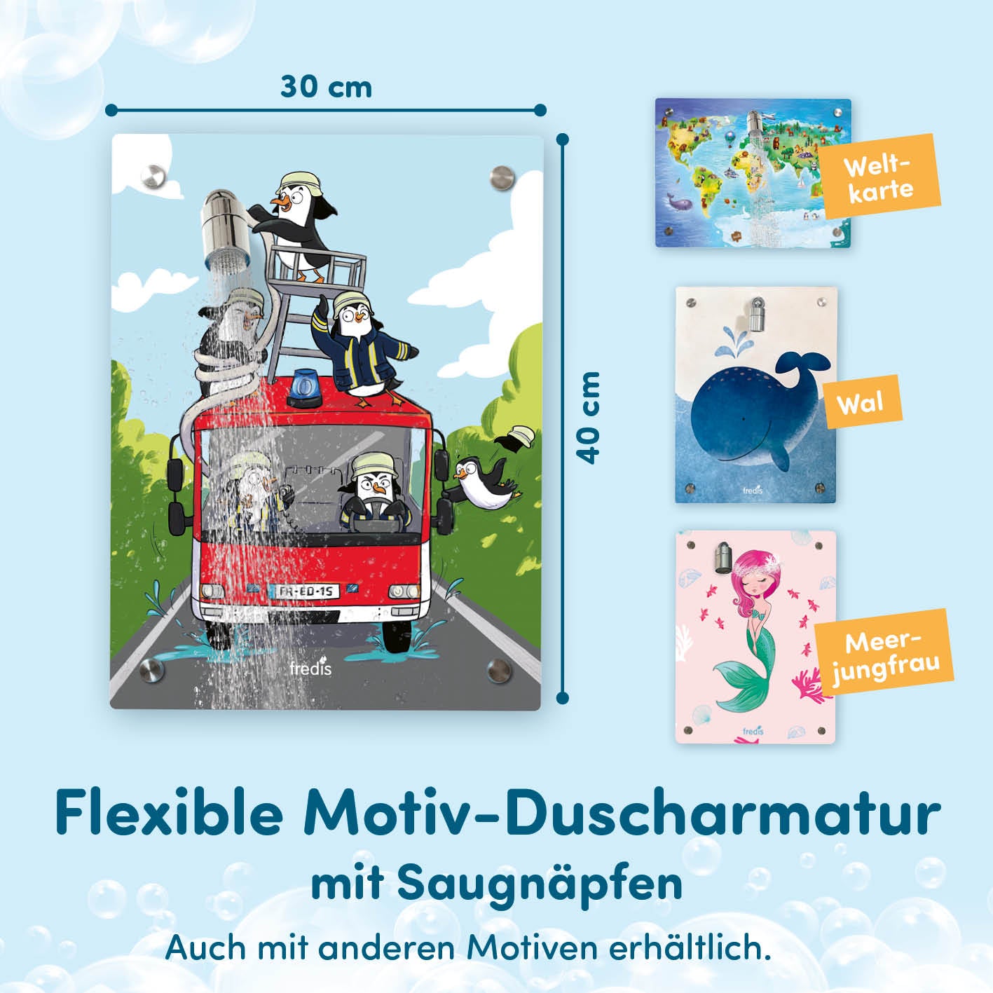 Kinderdusche Feuerwehr mit flexiblem Duscharmatur-Motiv, Saugnäpfen, wetterfest, einfach zu installieren, ideal für selbstständiges Duschen bei Kindern.