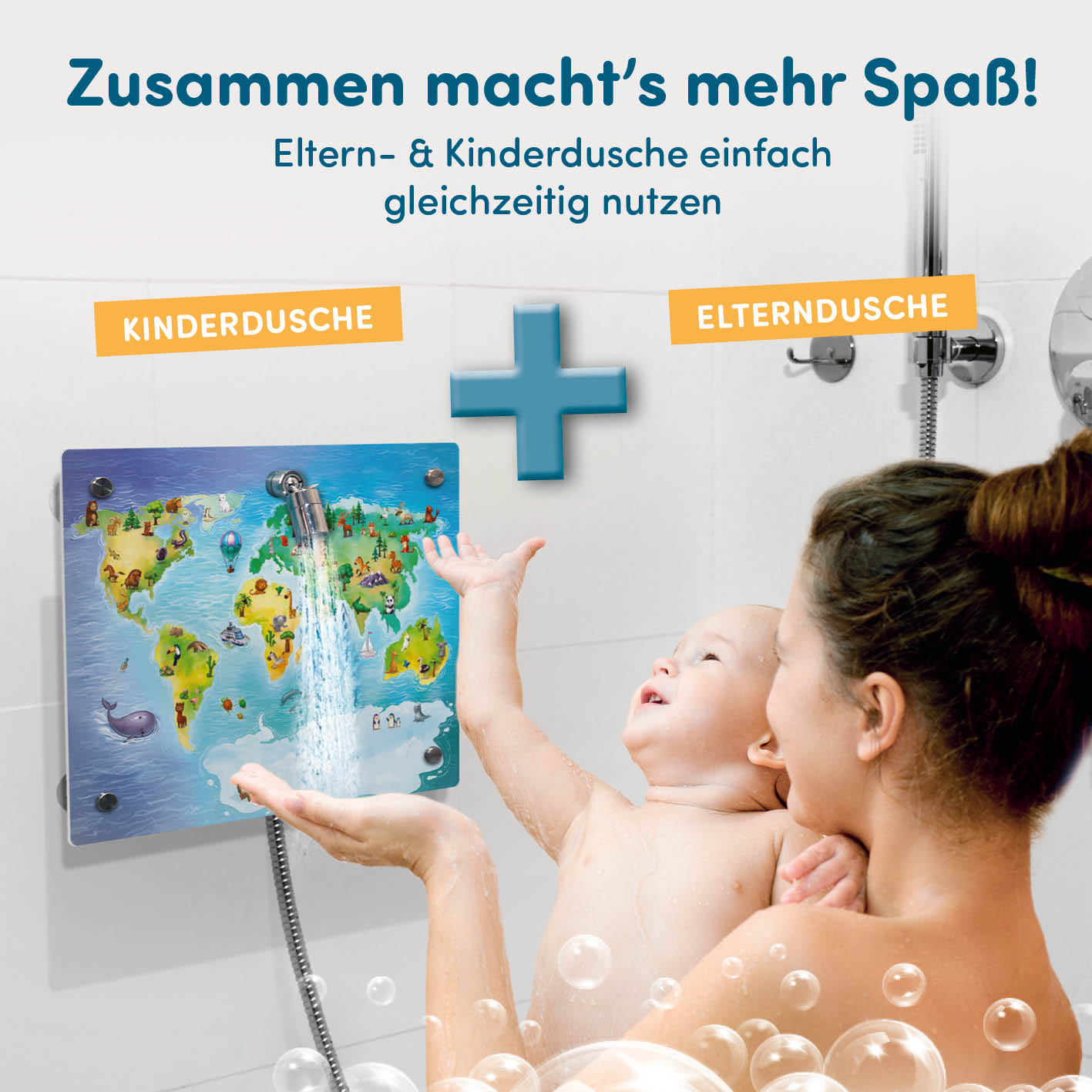 Kinderdusche Welt mit bunter Motiv-Platte für spielerisches Duschen, einfache Montage und gleichzeitige Nutzung mit Elterndusche.