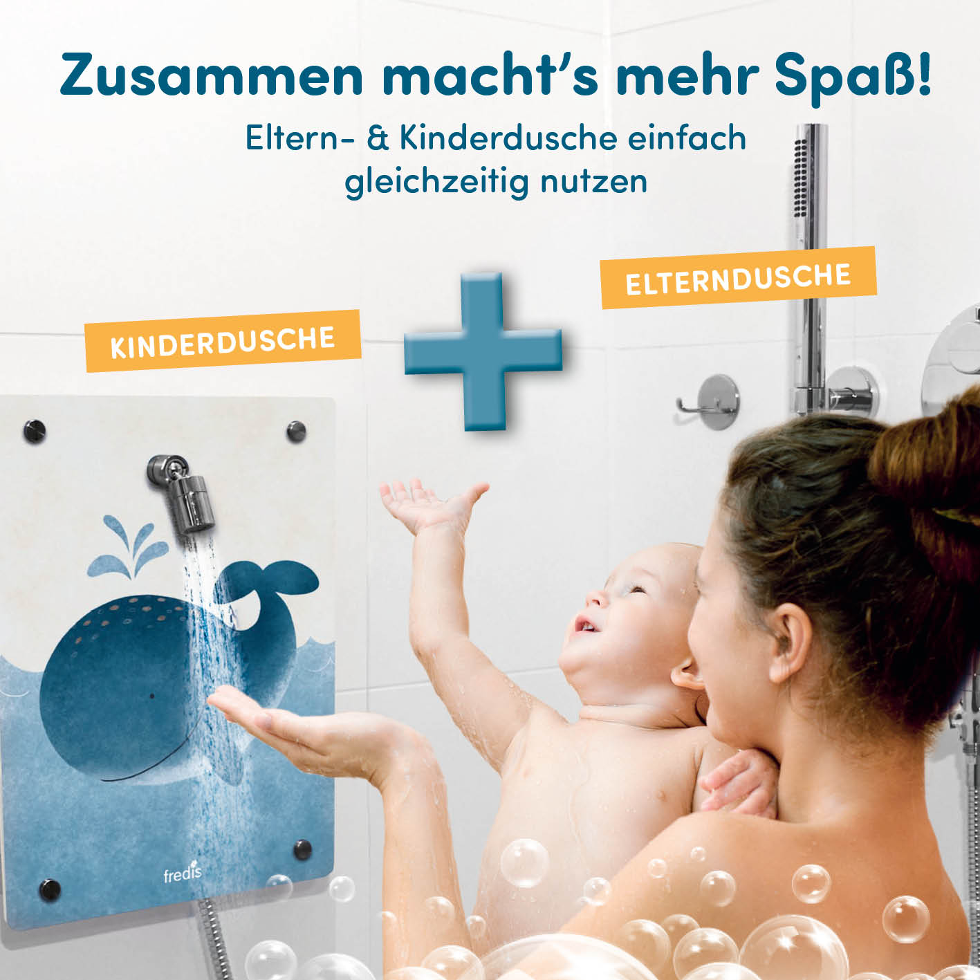 Kinderdusche Wal mit Saugnäpfen für Kinder, separat oder gleichzeitig mit Erwachsenendusche nutzbar, spielerisch und höhenverstellbar.