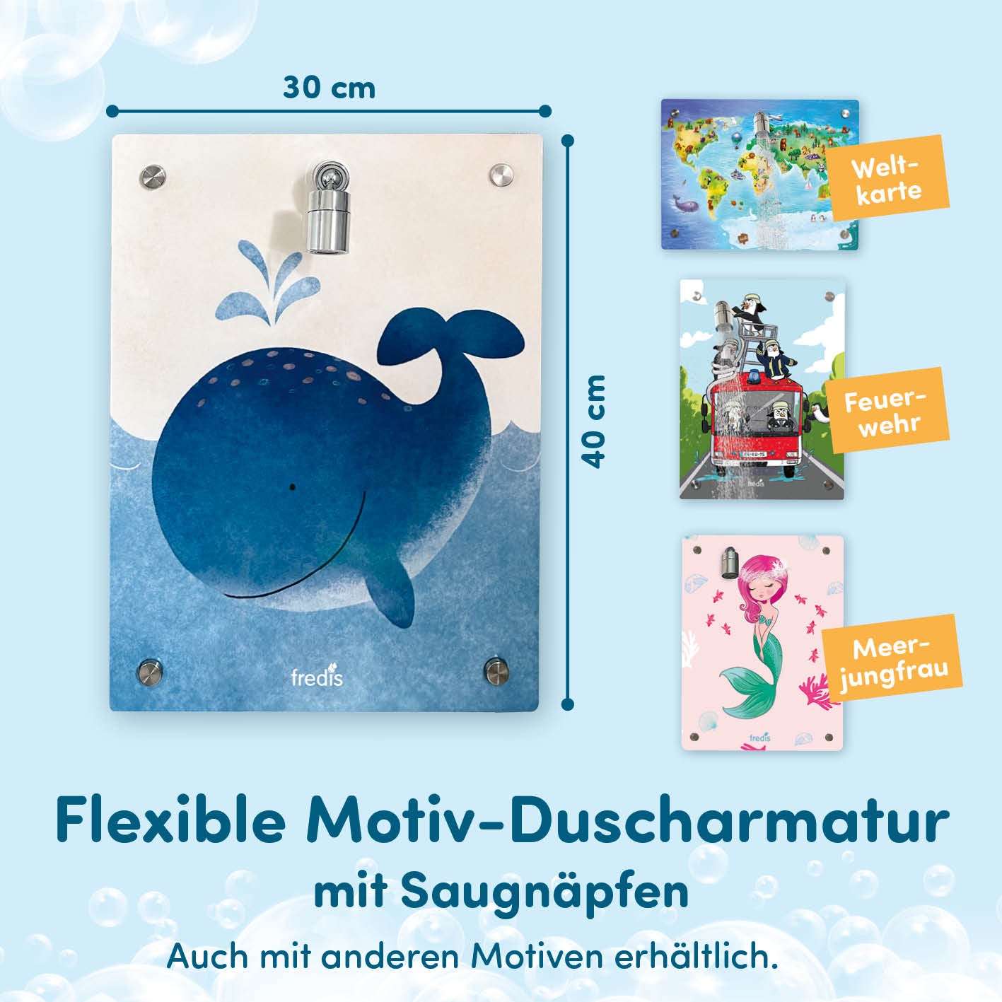 Kinderdusche Wal mit flexiblem Motiv und Saugnäpfen, kinderfreundliche Dusche für selbstständiges Duschen ohne Bohren, fredis Produkt.