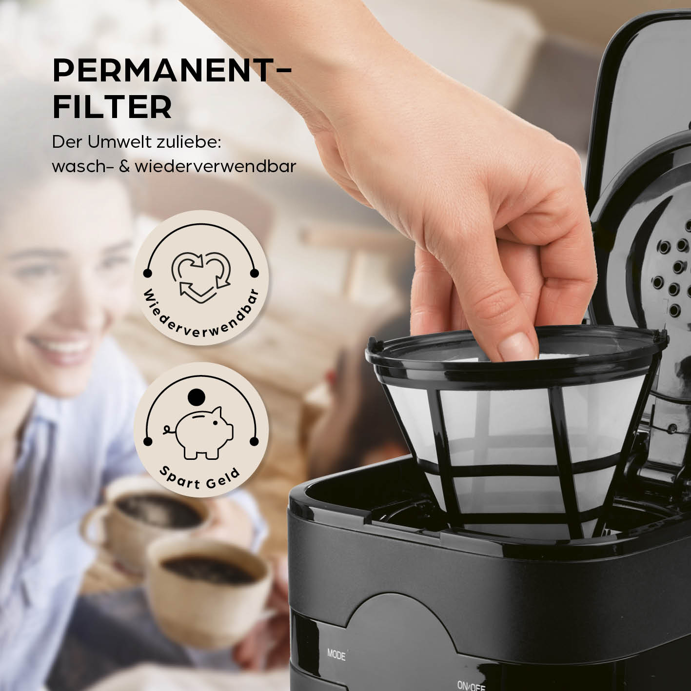 Filterkaffeemaschine Touch Iso - Schwarz mit waschbarem Permanentfilter und praktischem LED-Touchdisplay für individuellen Kaffeegenuss.