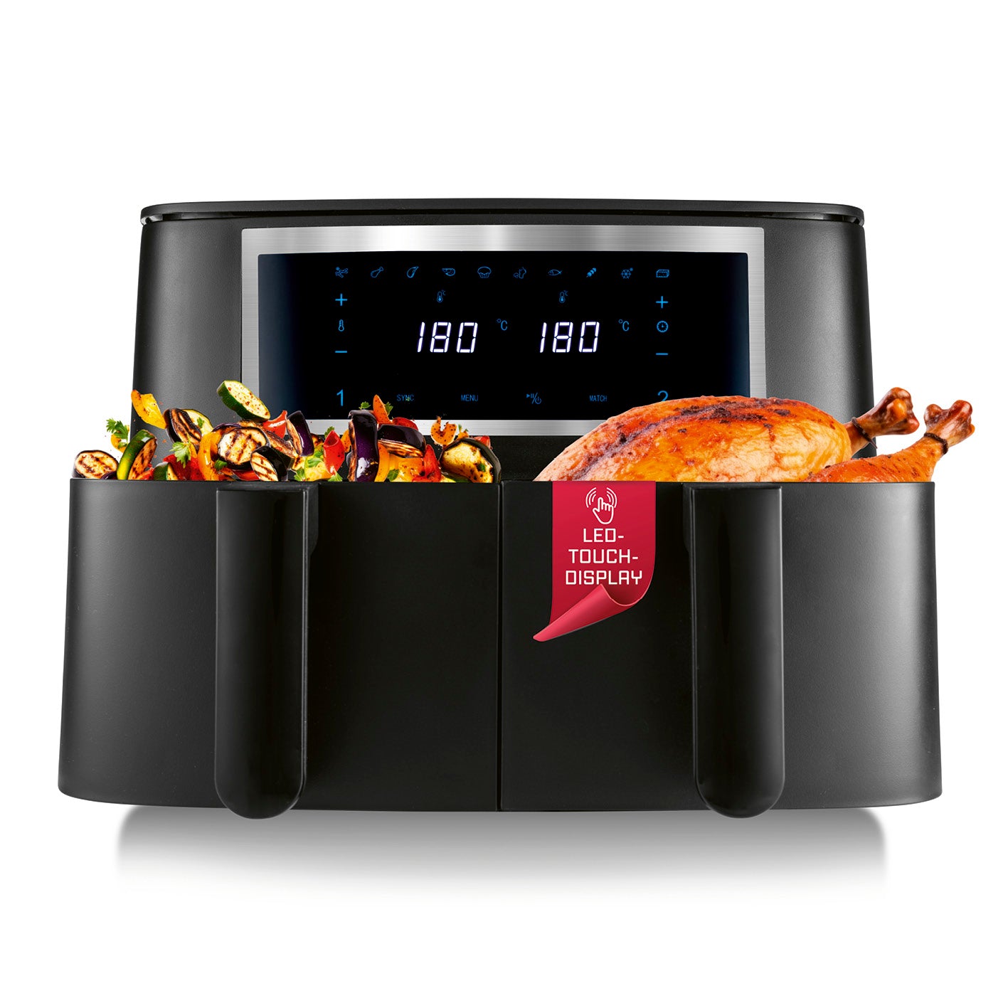 Doppelkammer-Heißluftfritteuse - 2x 4 l mit 2 Garzonen, Touchdisplay und Heißluft für fettarmes, knuspriges Garen.