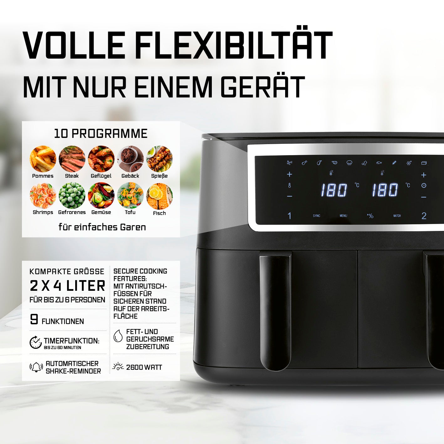 Doppelkammer-Heißluftfritteuse - 2x 4 l mit 10 Programmen, 2 Garzonen, Touchdisplay und 2600 Watt für fettarmes Frittieren.