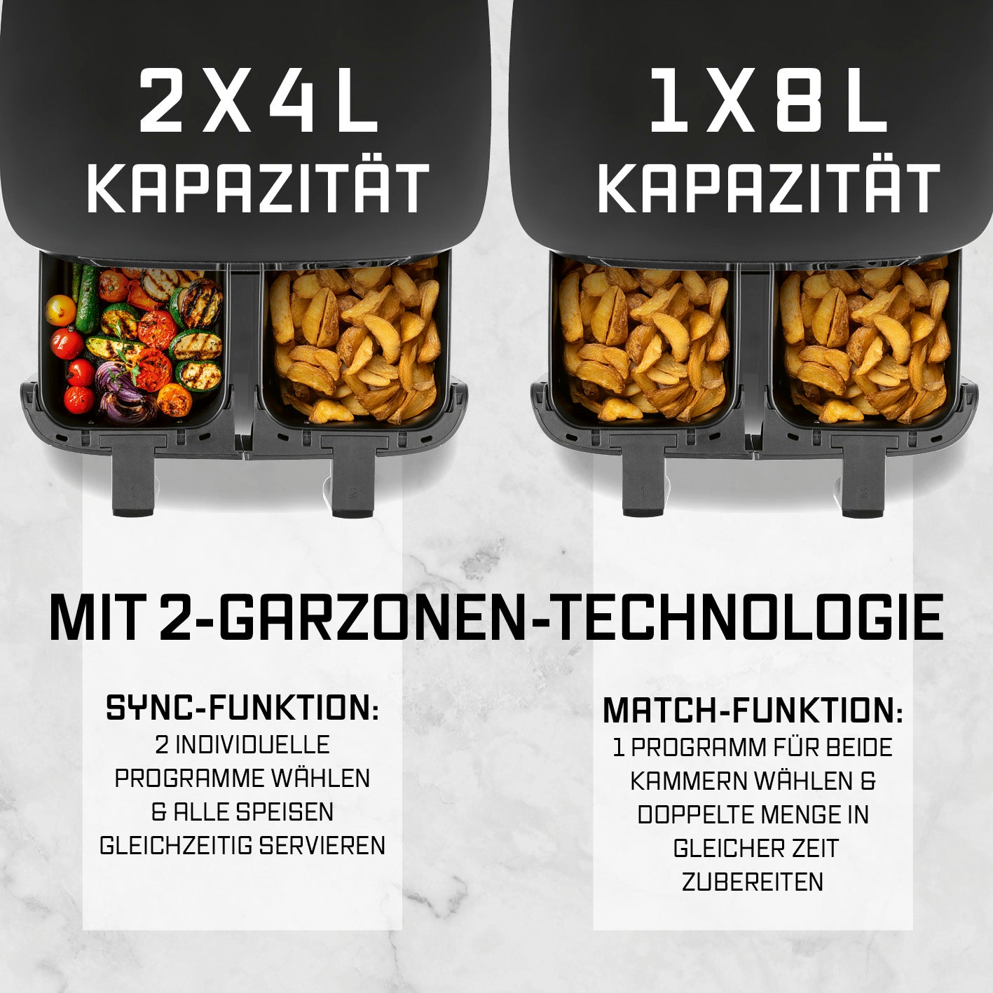 Doppelkammer-Heißluftfritteuse - 2x 4 l mit 2 Garzonen für fettreduziertes, gleichzeitiges und vielseitiges Frittieren verschiedener Speisen.