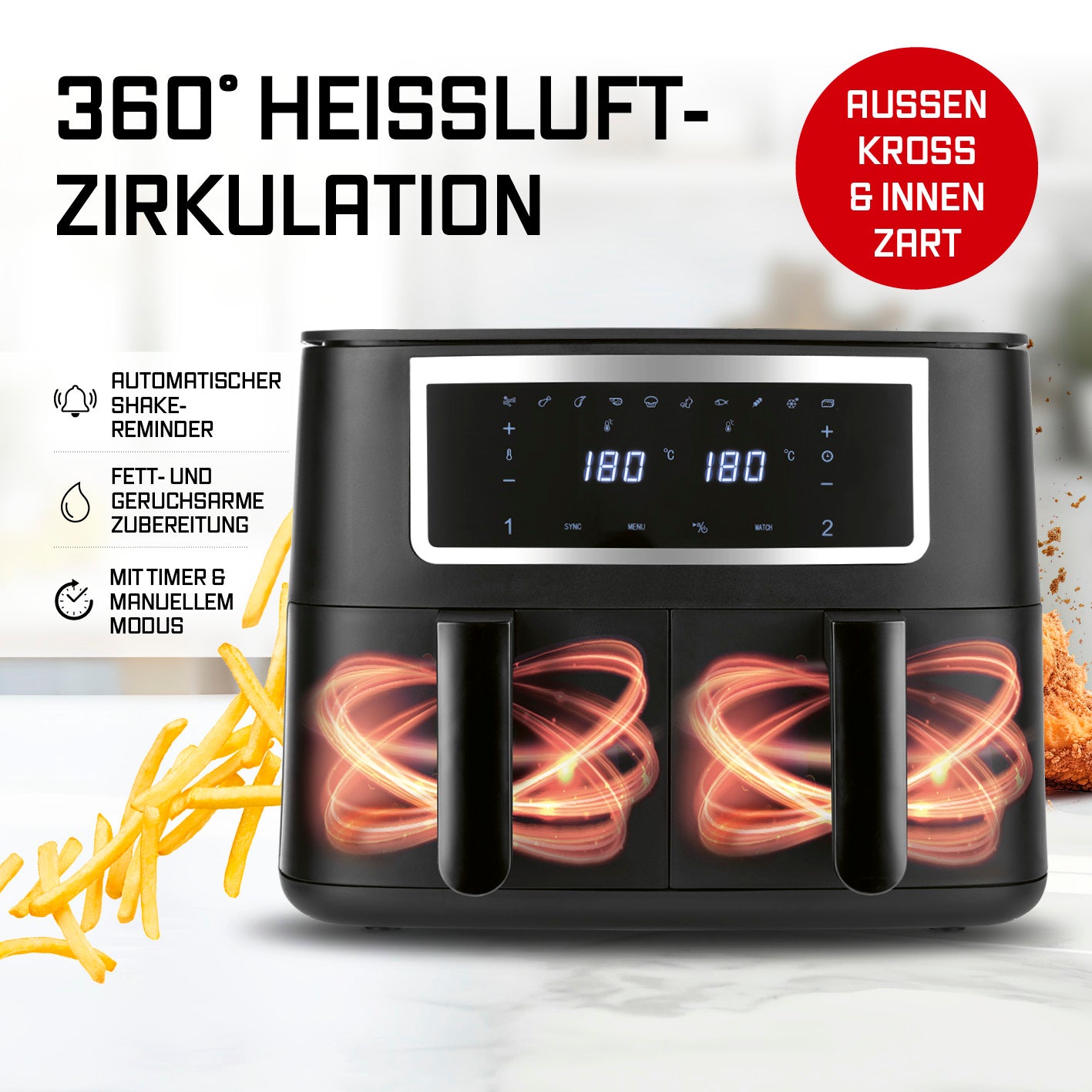 Doppelkammer-Heißluftfritteuse - 2x 4 l mit 360° Heißluftzirkulation, Timer, Shake-Reminder für fettarmes, knuspriges Frittieren.