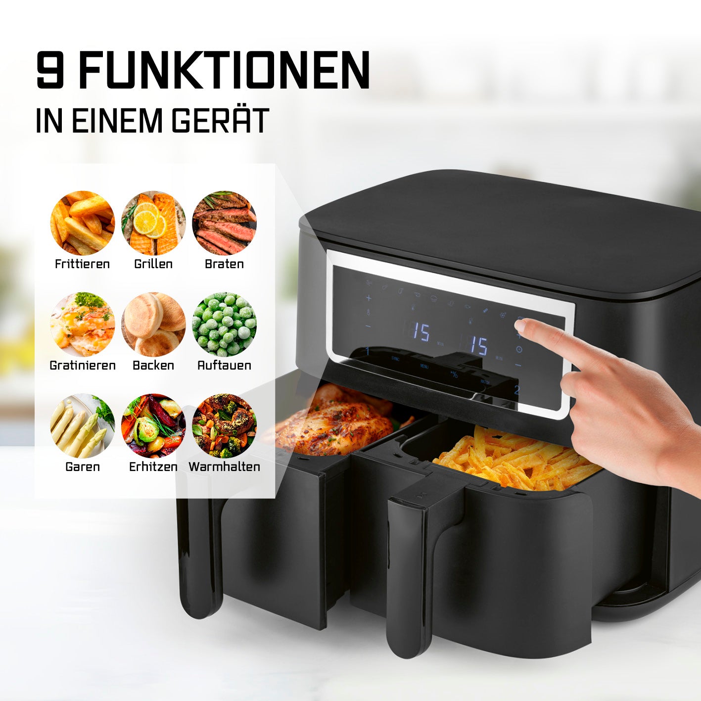 Doppelkammer-Heißluftfritteuse - 2x 4 l mit 9 Funktionen, Touchdisplay und zwei Garzonen für fettarmes Frittieren und mehr