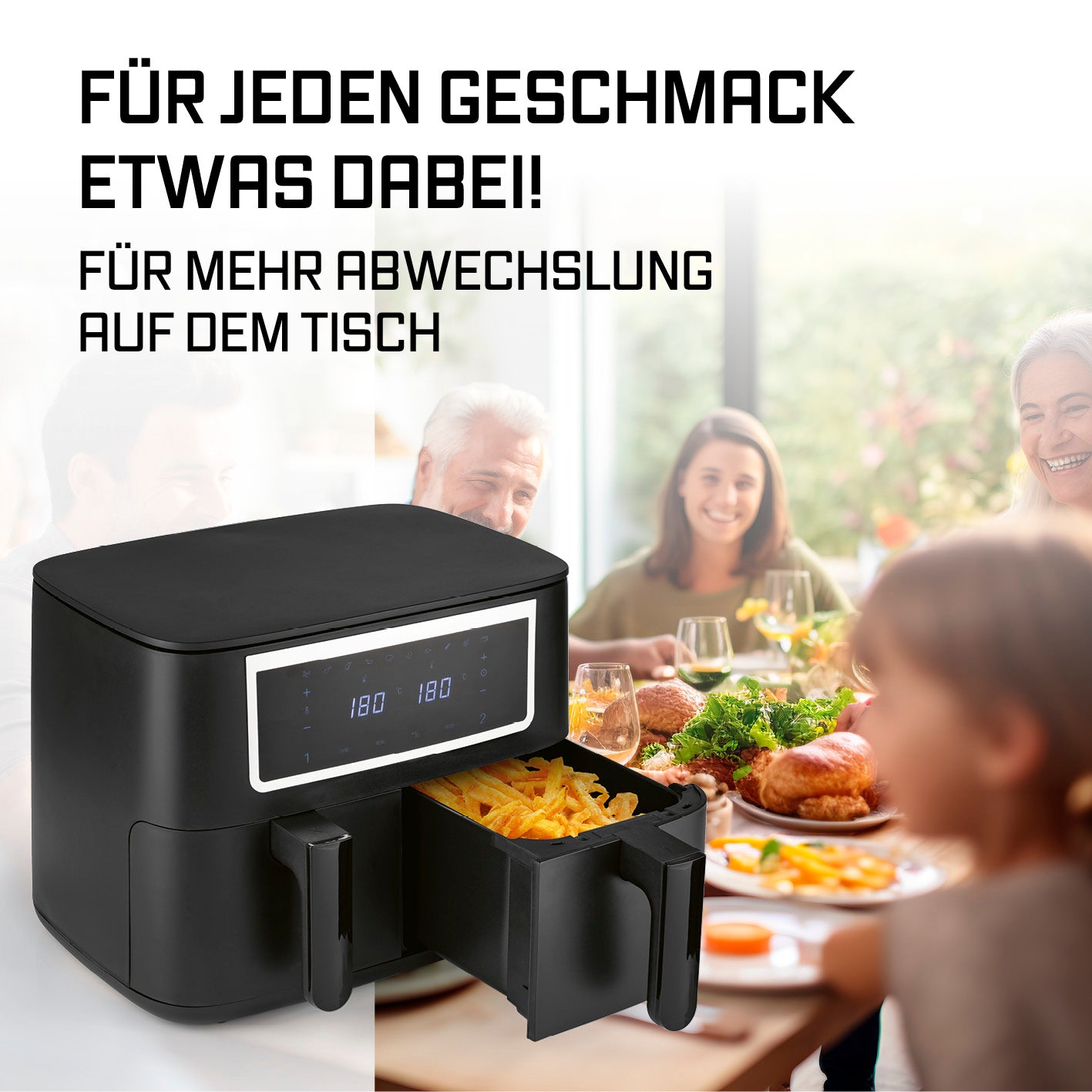 Doppelkammer-Heißluftfritteuse - 2x 4 l mit digitalem Display und 2 Frittierfächern für vielfältige Gerichte am Familientisch.