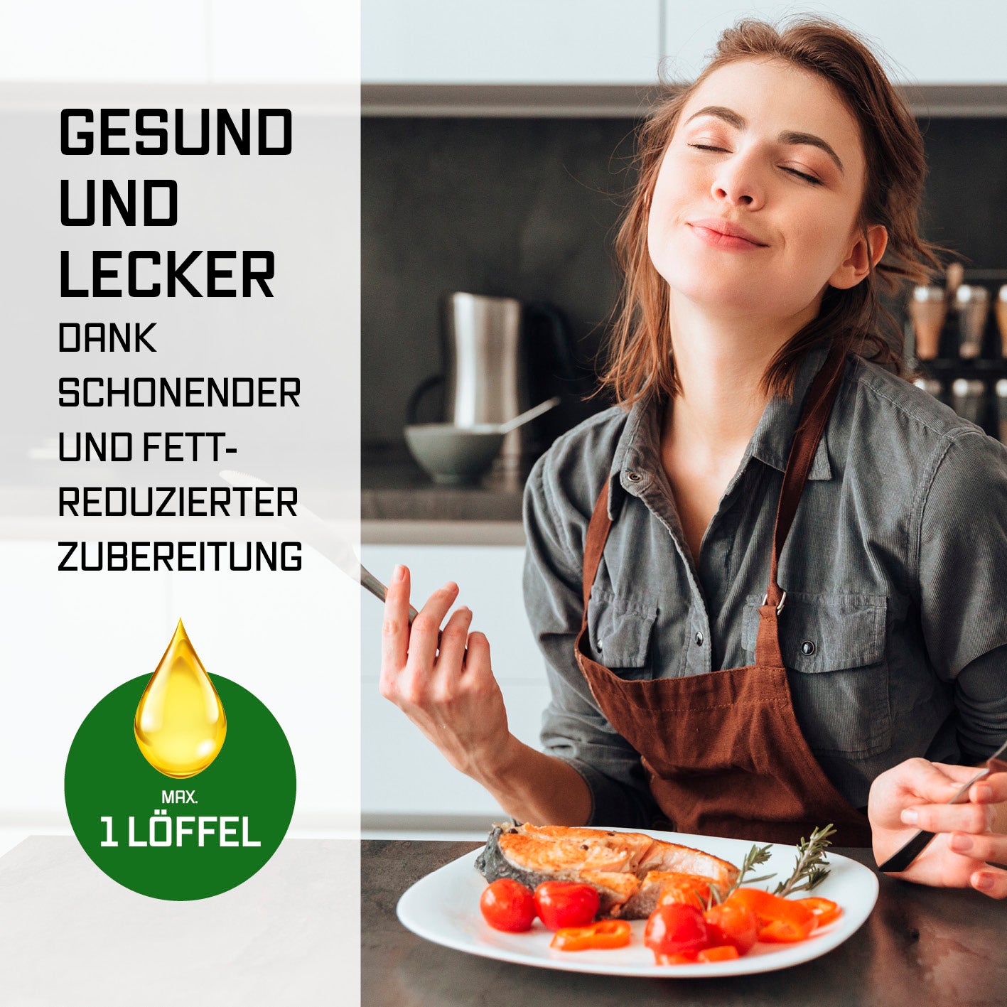 Frau genießt gesundes Essen, zubereitet mit der Doppelkammer-Heißluftfritteuse - 2x 4 l, fettarm und schonend gekocht.