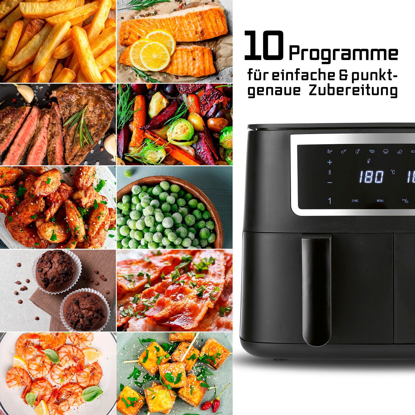 Doppelkammer-Heißluftfritteuse - 2x 4 l mit 10 Programmen für vielfältige fettarme Zubereitung und digitale Steuerung.