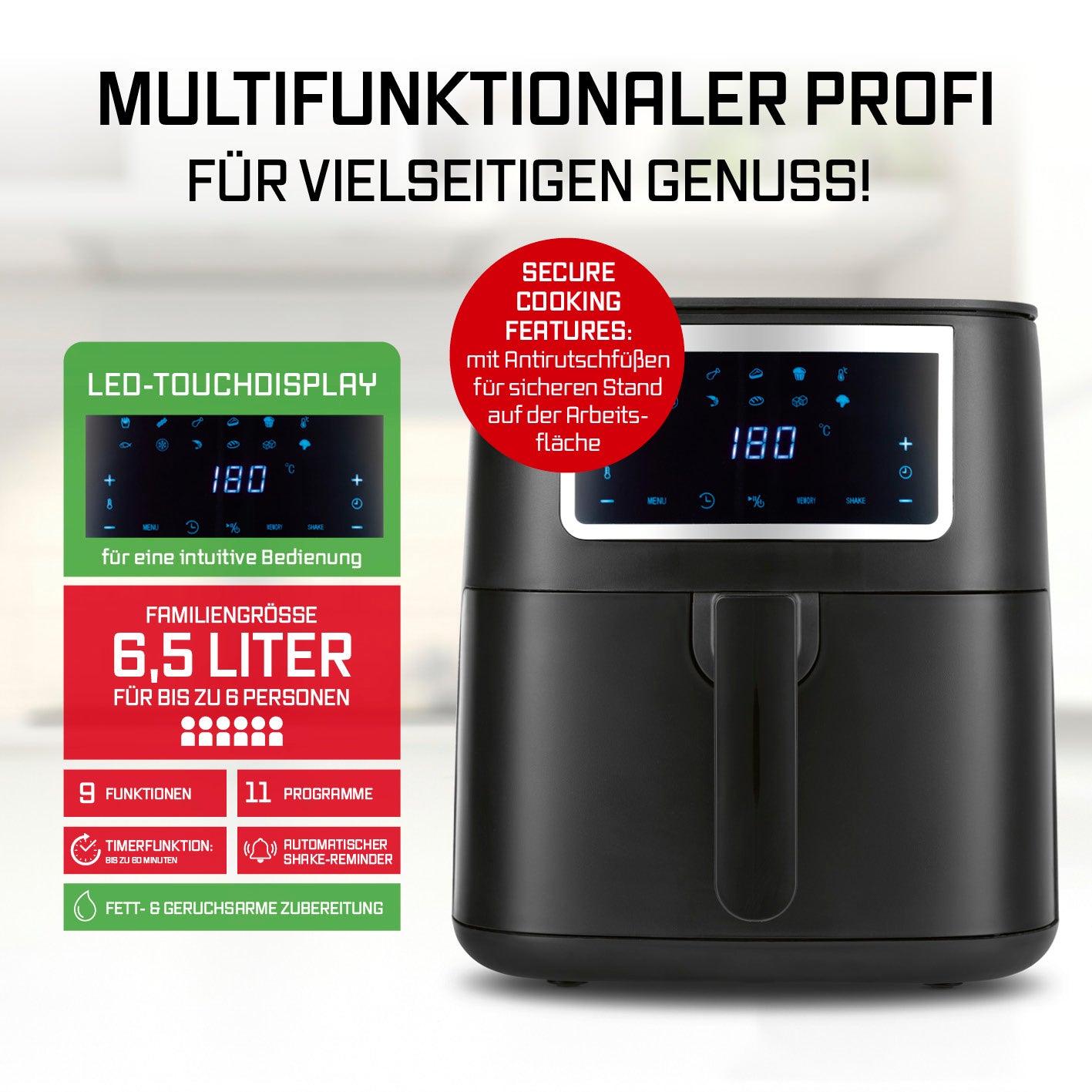 Heißluftfritteuse - 6,5 l mit LED-Touchdisplay, 9 Funktionen, 11 Programmen und sicherem Stand für fettarmes Frittieren.