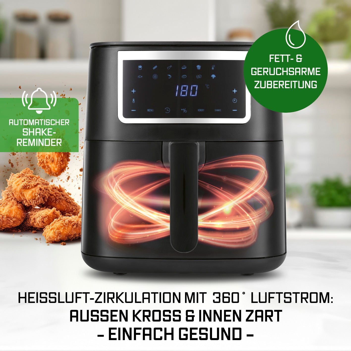 Heißluftfritteuse - 6,5 l mit 1700 W, Heißluftzirkulation, Touchscreen, 9 Funktionen und automatischem Shake-Reminder für fettarmes Frittieren.
