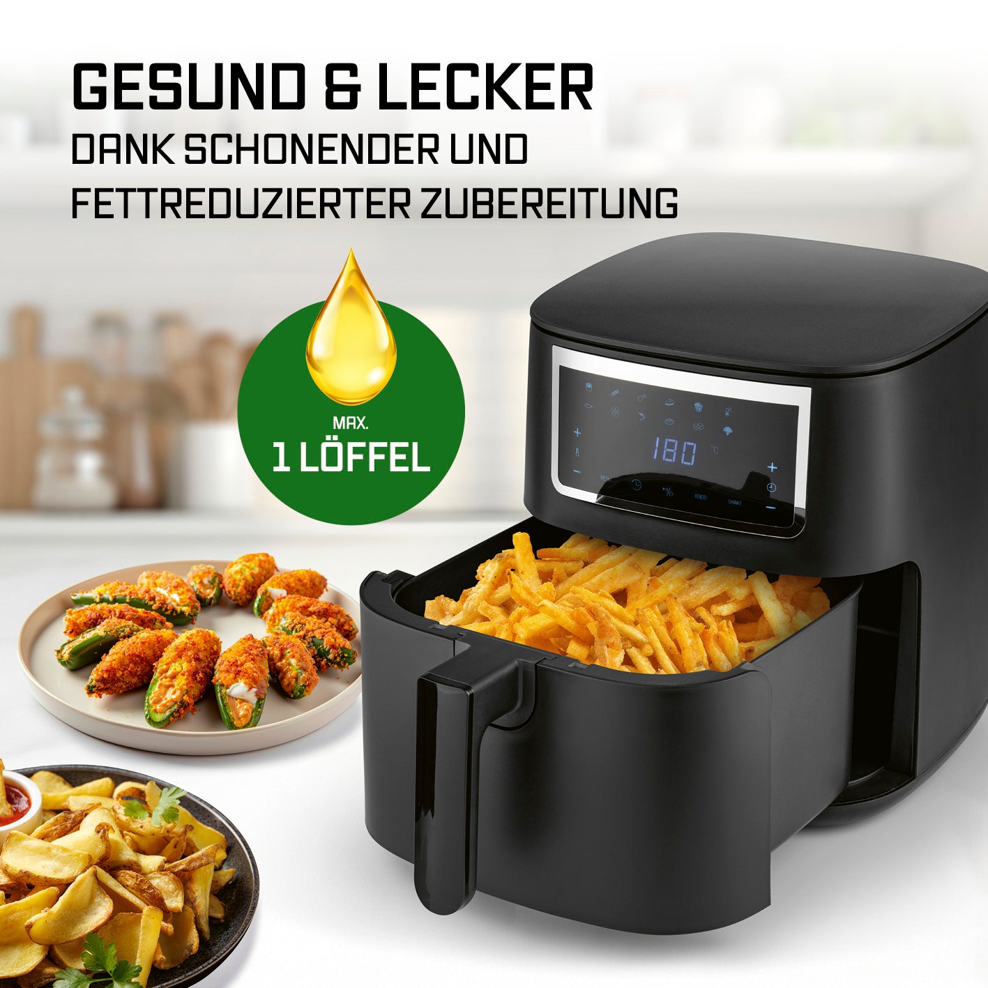 Heißluftfritteuse - 6,5 l mit fettreduzierter Zubereitung und Touchscreen für gesunde, knusprige Pommes und Snacks.