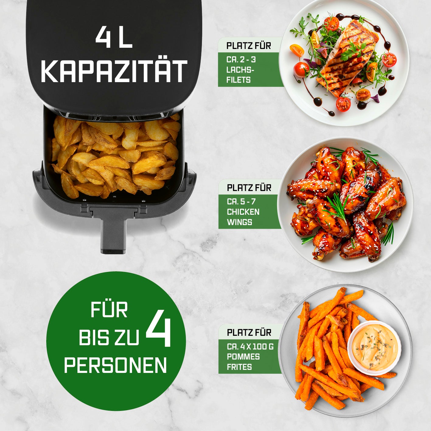 Heißluftfritteuse - 4 l mit 4-Liter-Kapazität, ideal für bis zu 4 Personen, frittierte Pommes, Chicken Wings und Lachsfilets.