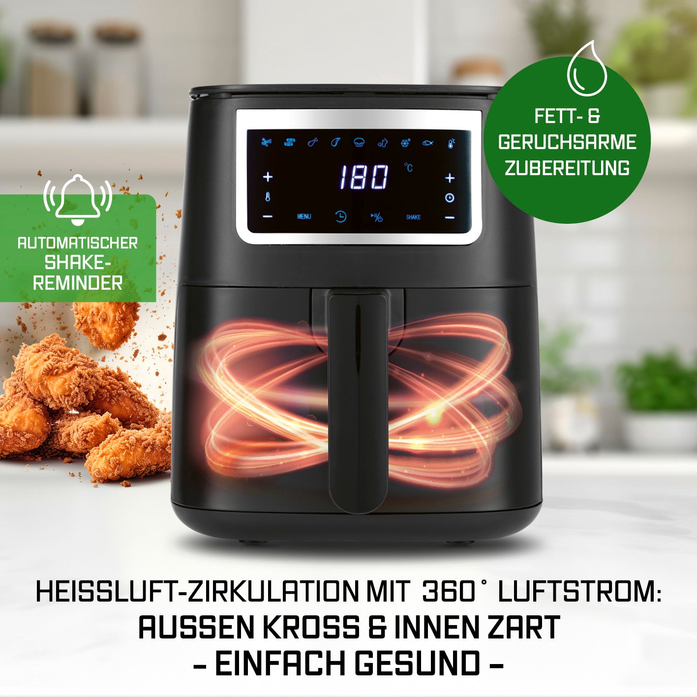 Heißluftfritteuse - 4 l mit 1300 W, Touchscreen, Shake-Reminder und fettsarmer Zubereitung für knusprige, gesunde Gerichte.
