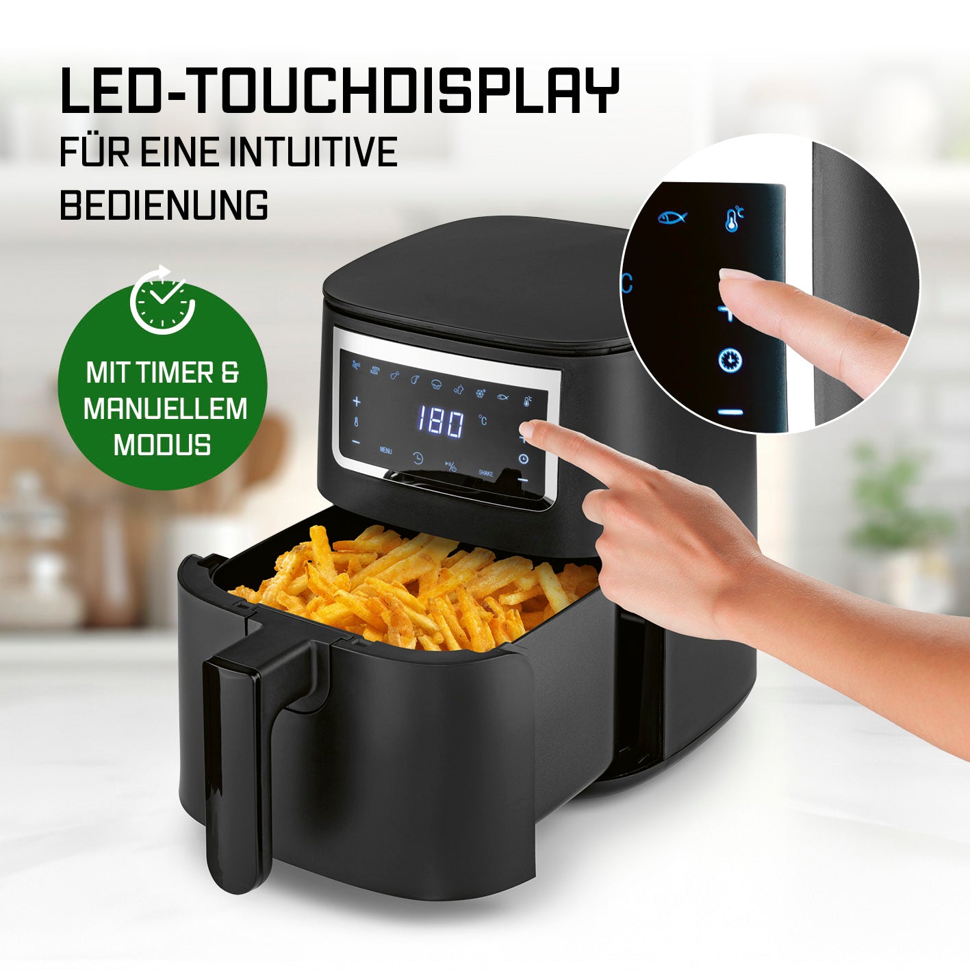 Heißluftfritteuse - 4 l mit LED-Touchdisplay, Timerfunktion und manuellem Modus für fettarmes Frittieren von Pommes und mehr