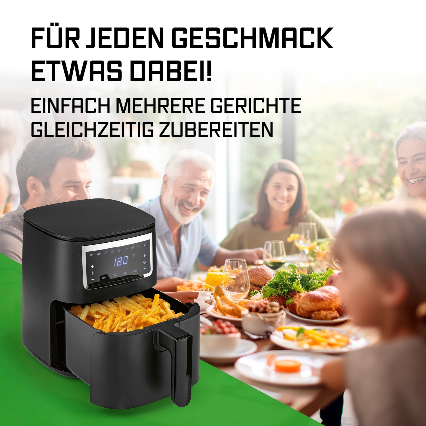 Heißluftfritteuse - 4 l mit Touchscreen, 1300 Watt und 9 Funktionen für fettarmes, knuspriges Frittieren, ideal für Pommes und mehr.