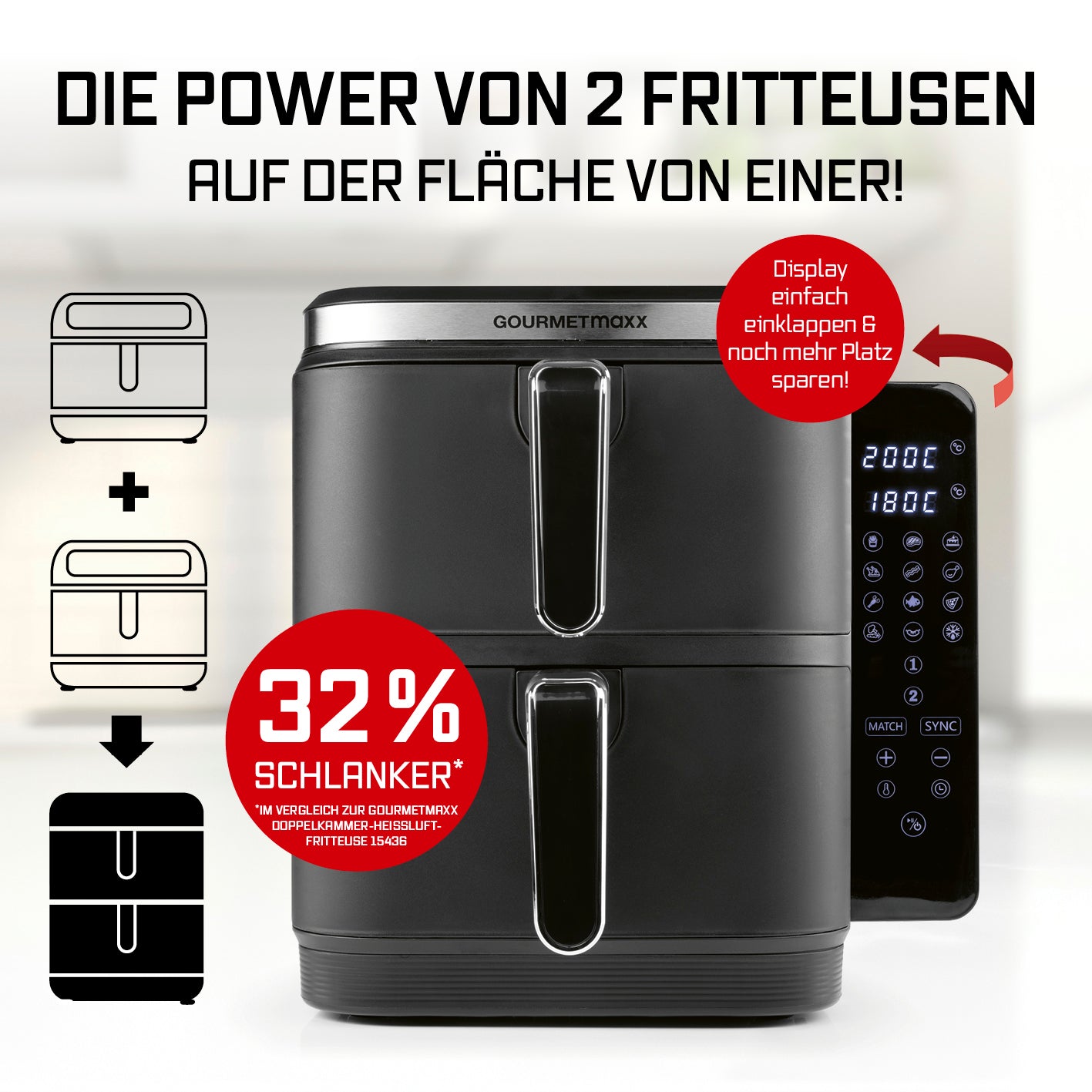 FryUp Vertikale Doppelkammer-Heißluftfritteuse 2x 5 L mit 2 Kammern, schlankem Design und digitalem Display für platzsparendes Kochen.