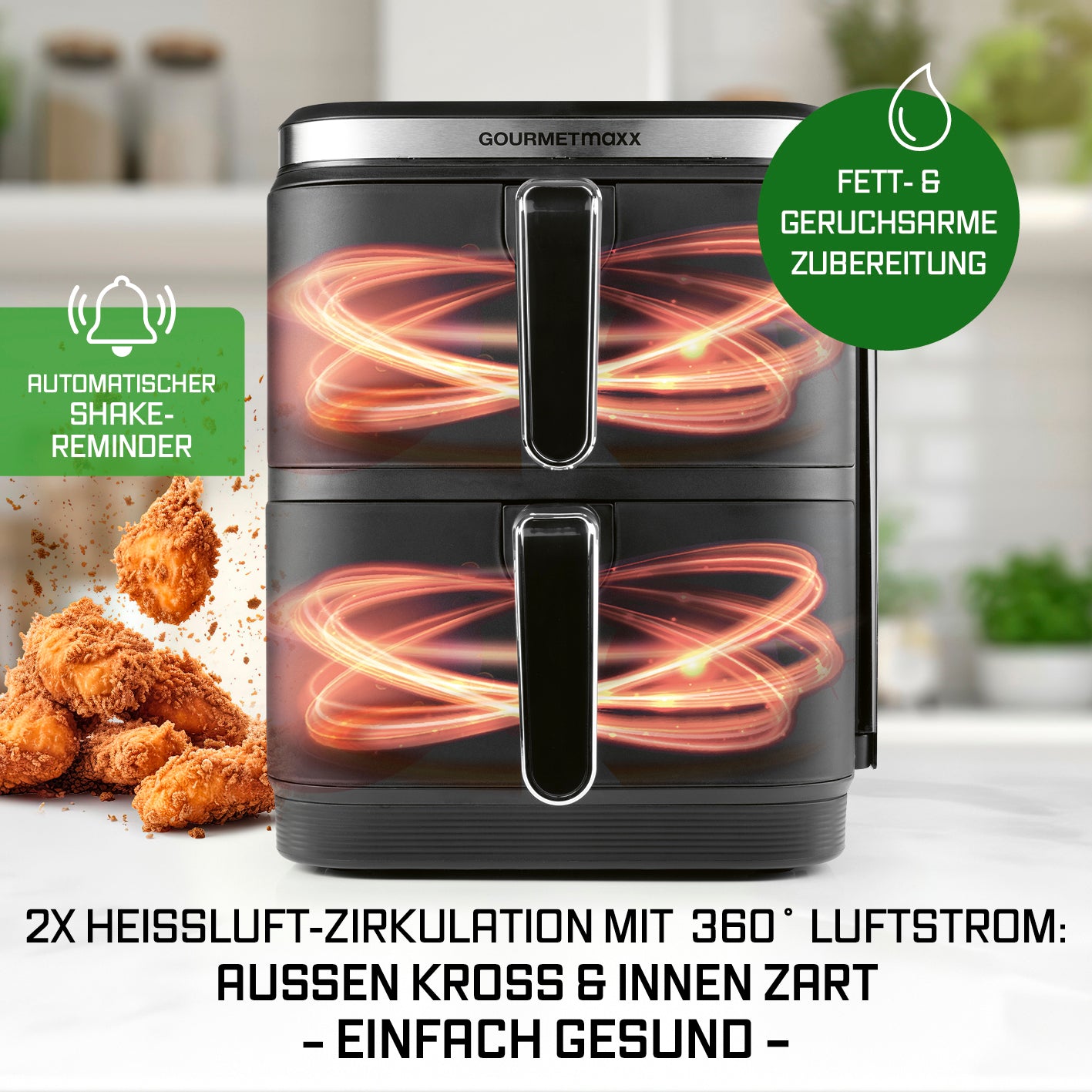 FryUp Vertikale Doppelkammer-Heißluftfritteuse 2x 5 L mit 2x 360° Heißluftzirkulation für fettarme und geruchsarme Zubereitung.