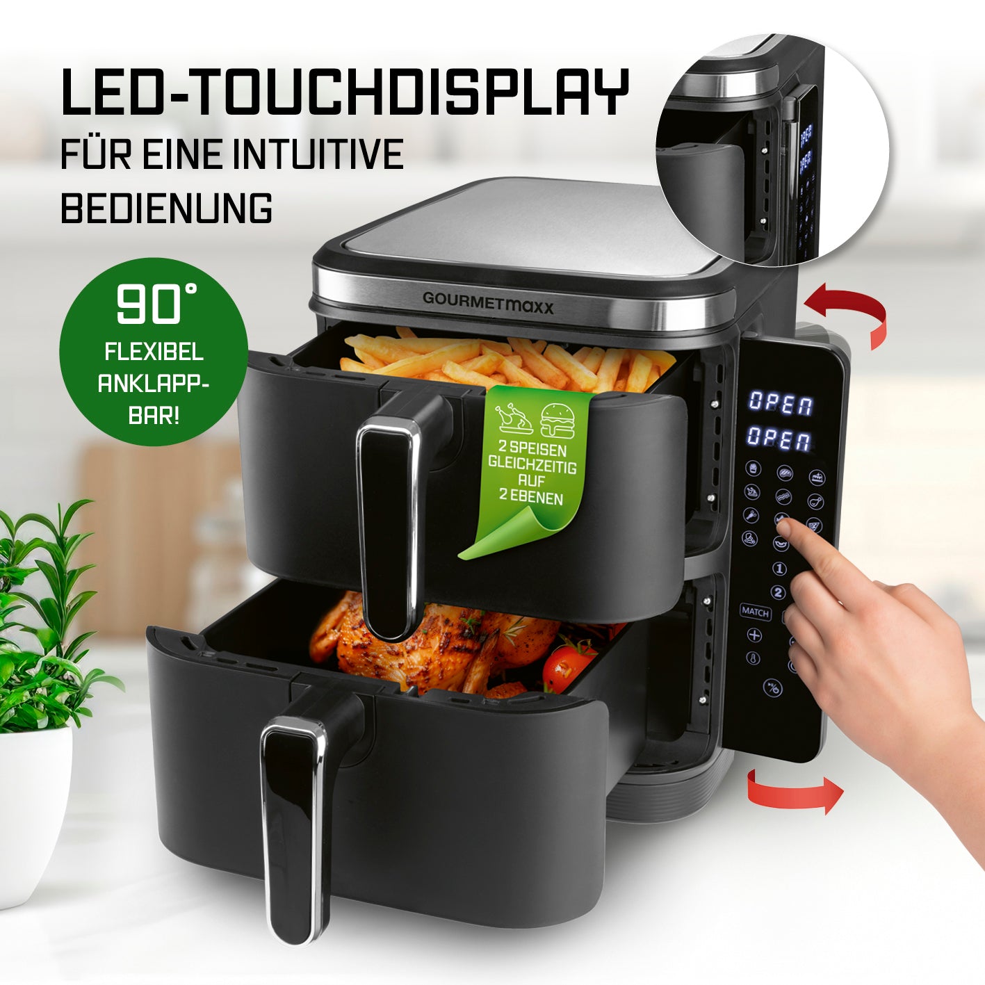 FryUp Vertikale Doppelkammer-Heißluftfritteuse 2x 5 L mit LED-Touchdisplay für 2-fach gleichzeitiges und platzsparendes Garen.