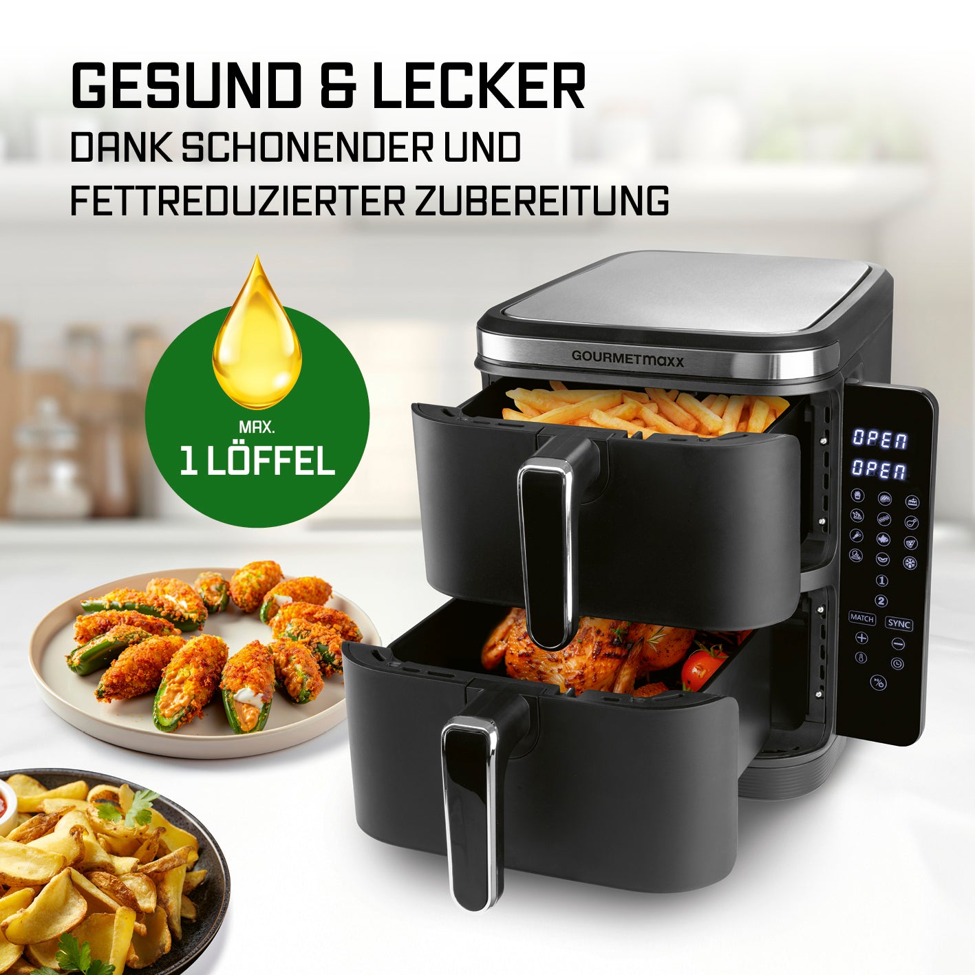 FryUp Vertikale Doppelkammer-Heißluftfritteuse 2x 5 L mit 2 Kammern für fettarme, schonende Zubereitung und Platzersparnis.
