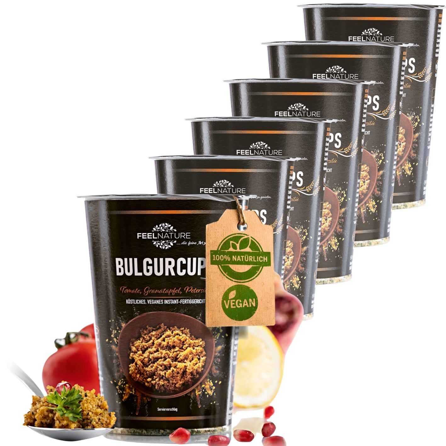 Bulgurcups - Kisir mit Tomate, Granatapfel & Petersilie, vegan, nussiger Bulgur, 5 min Zubereitung, FEEL NATURE Produkt.