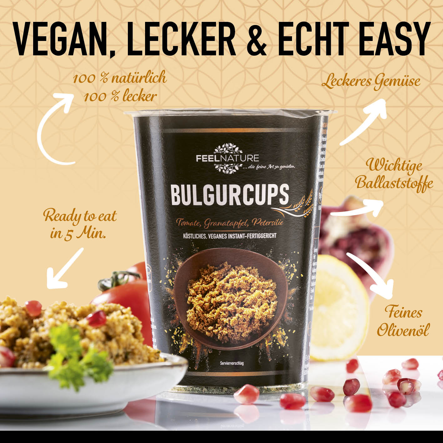 Bulgurcups - Kisir mit Tomate, Granatapfel & Petersilie, vegan, lecker, ballaststoffreich, schnelle Zubereitung, natürliche Zutaten.