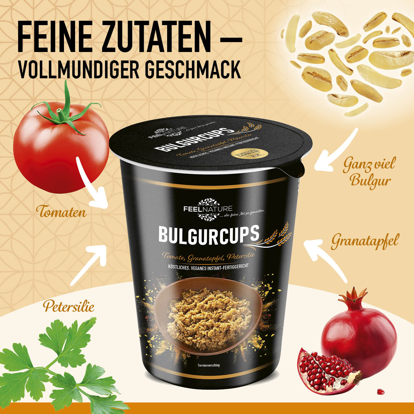 Bulgurcups - Kisir mit Tomate, Granatapfel, Petersilie und nussigem Bulgur für vollmundigen Geschmack und vegane Genussmomente.