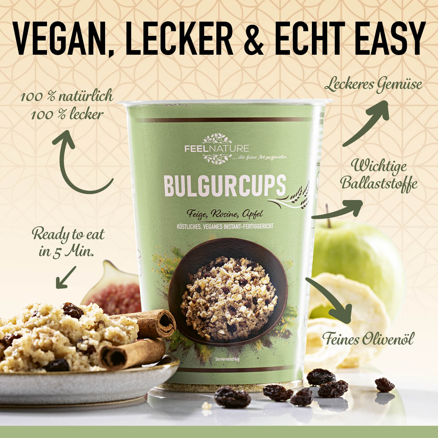 Bulgurcups - 6x Subtropical mit Feige, Rosine & Apfel, vegan, ballaststoffreich, natürlich und in 5 Minuten fertig.