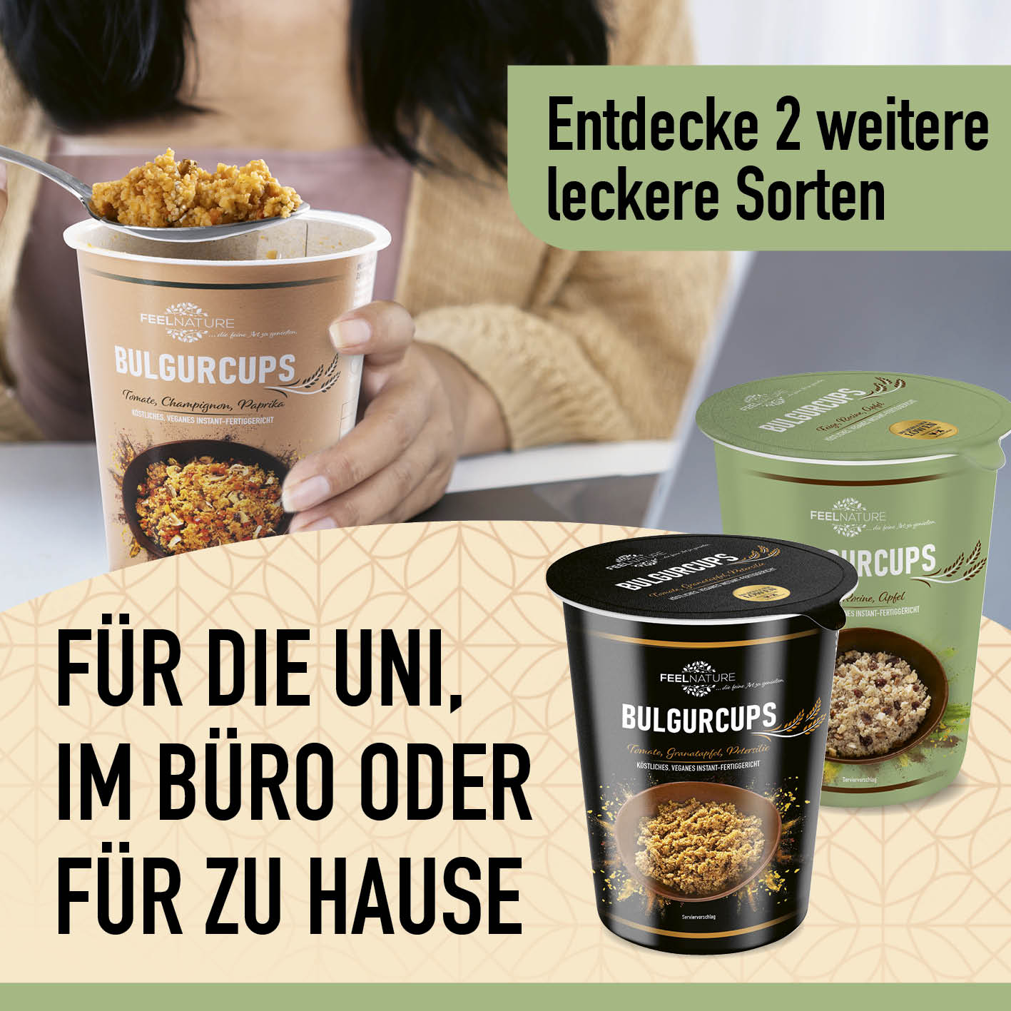 Bulgurcups - 6x Vegetables - Tomate, Champignon & Paprika vegan, schnelle 5-Minuten-Mahlzeit mit nussigem Bulgur und würziger Sauce.