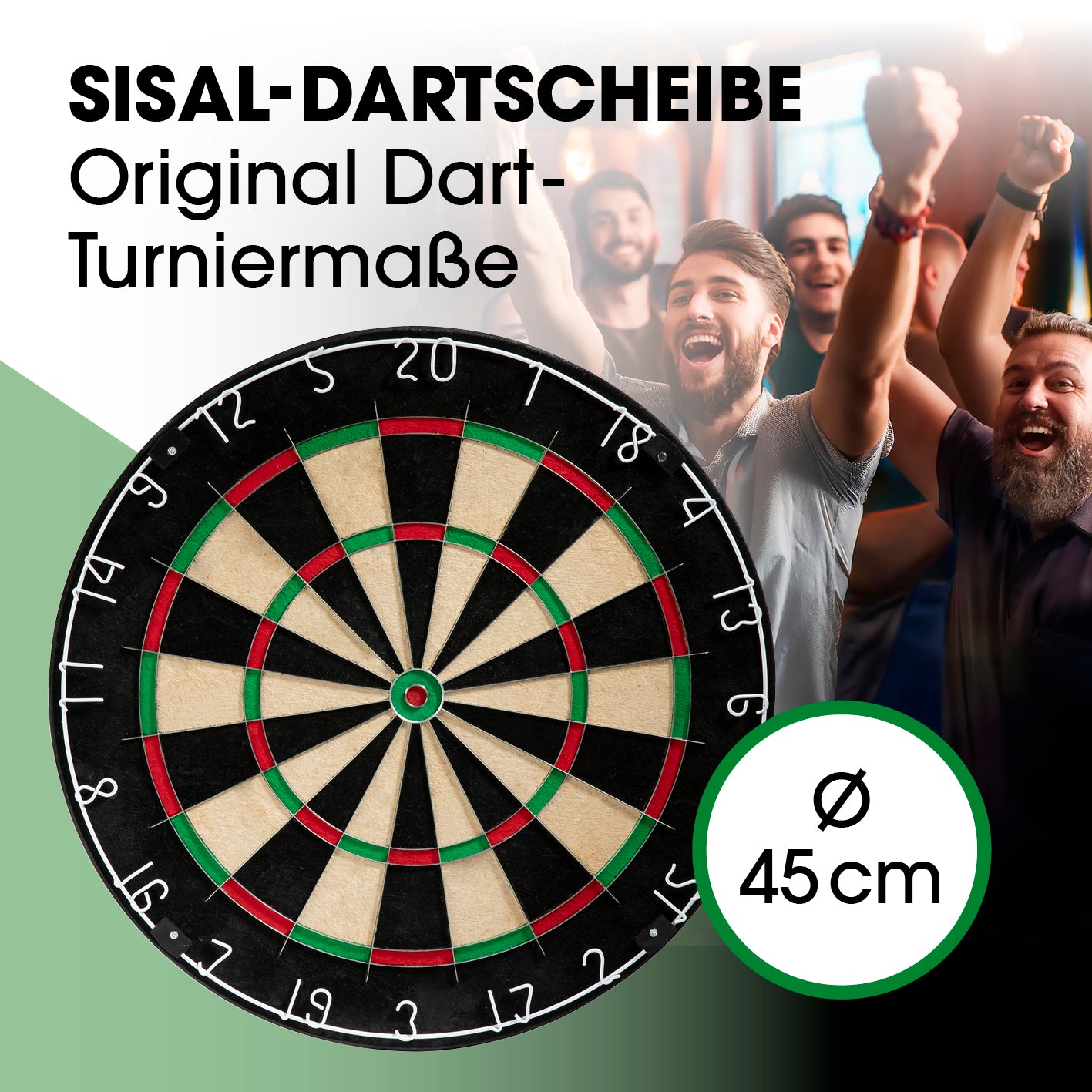 Sisal-Dartscheibe mit Original Dart-Turniermaß, 45 cm Durchmesser, inklusive Dartpfeile, Dart-Surround und Wandaufhängung.