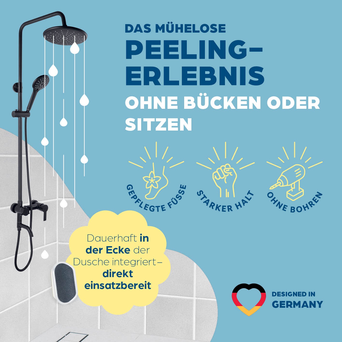 Hornhautentferner für die Dusche - Weiß zur einfachen, hygienischen Hornhautentfernung ohne Bücken, mit starker Haftung und ohne Bohren.