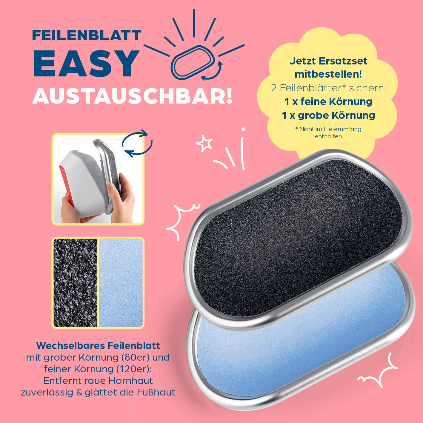 Hornhautentferner für die Dusche - Weiß mit austauschbarem Feilenblatt für grobe und feine Körnung, einfache Montage, hygienische Fußpflege.