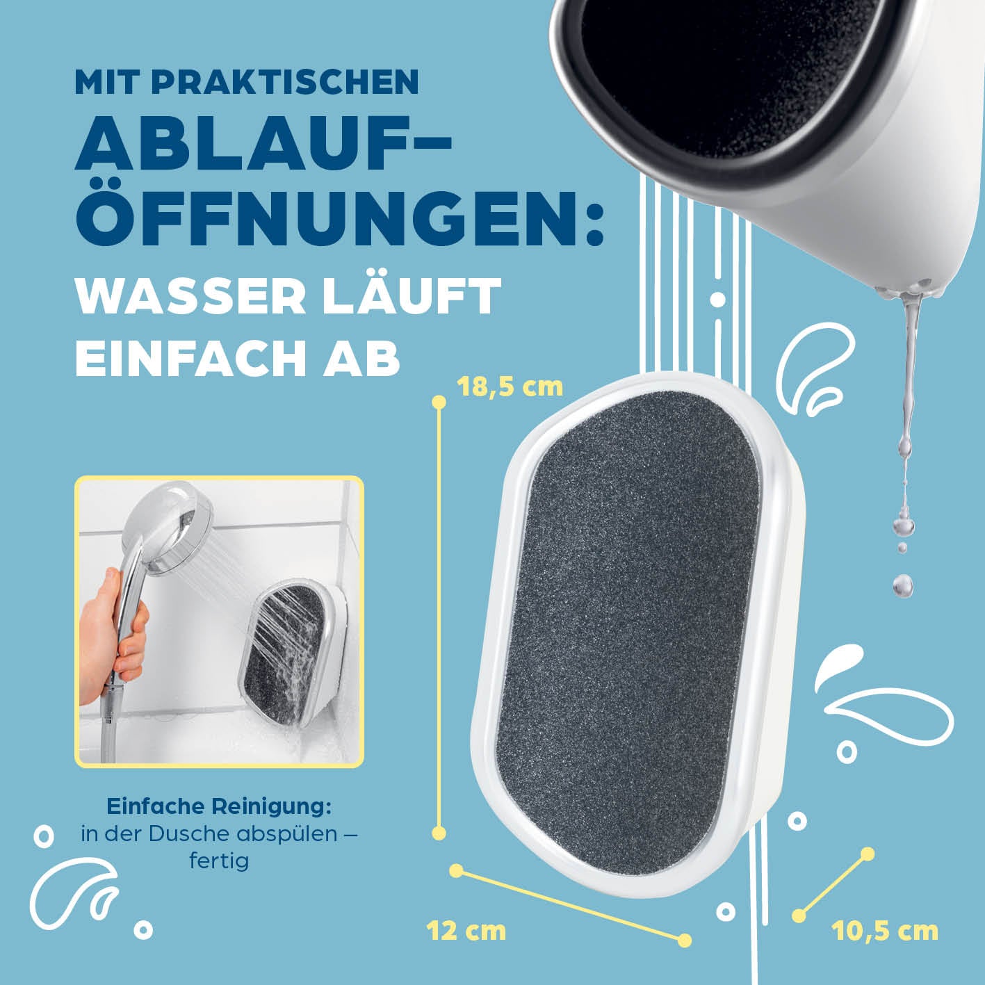 Hornhautentferner für die Dusche - Weiß mit praktischen Ablauföffnungen, leicht zu reinigen und einfach unter der Dusche zu verwenden.